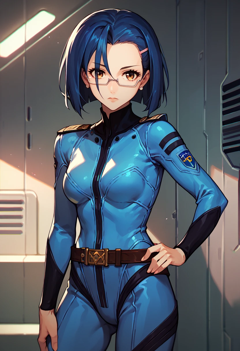 score_9, score_8_up, score_7_up, solo, 1girl, niimi kaoru, expressionless, looking at viewer, standing, hand on own hip, hairclip, glasses, blue bodysuit, belt, indoors, spacecraft interior <lora:spacebattleship_niimi_ponyXL:1>