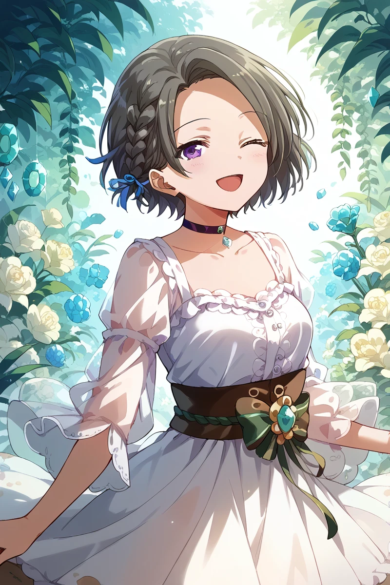 score_9, score_8_up, score_7_up, score_6_up, 1girl,
 <lora:Suzu_Minase:0.9> suzu, short hair, one eye closed, gem, solo, see-through sleeves, braid, smile, short hair, purple eyes, open mouth, see-through, flower, choker, dress, collarbone