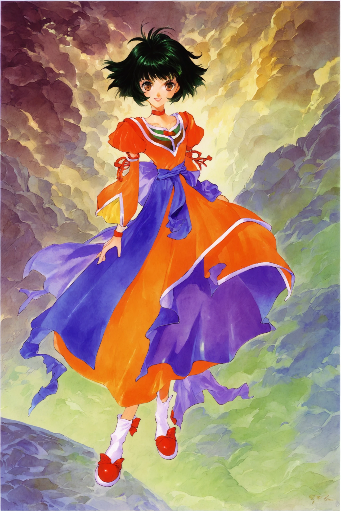 score_9,score_8_up,score_7_up,
Farah Oersted(Tales of Eternia),1girl,solo,bow,choker,short hair,dress,back bow,red choker,orange dress,full body,black hair,smile,green hair,brown eyes,retro artstyle,1990s (style),shoes,waist bow,watercolor (medium),
<lora:Inomata Mutsumi_XL_PONY:0.8>,