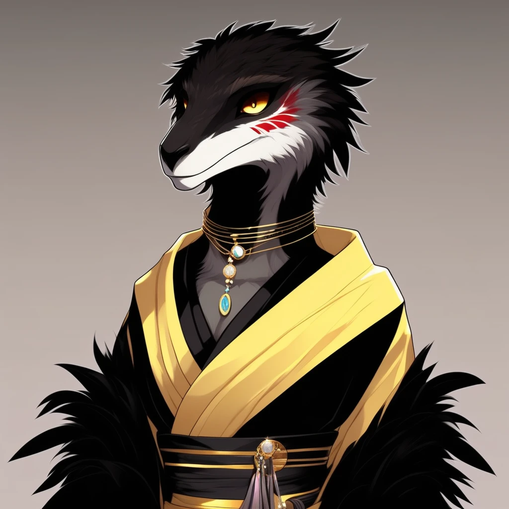 japanese clothes, solo, brown eyes, yellow eyes, black choker, furry, jewelry, feathers, gradient, standing