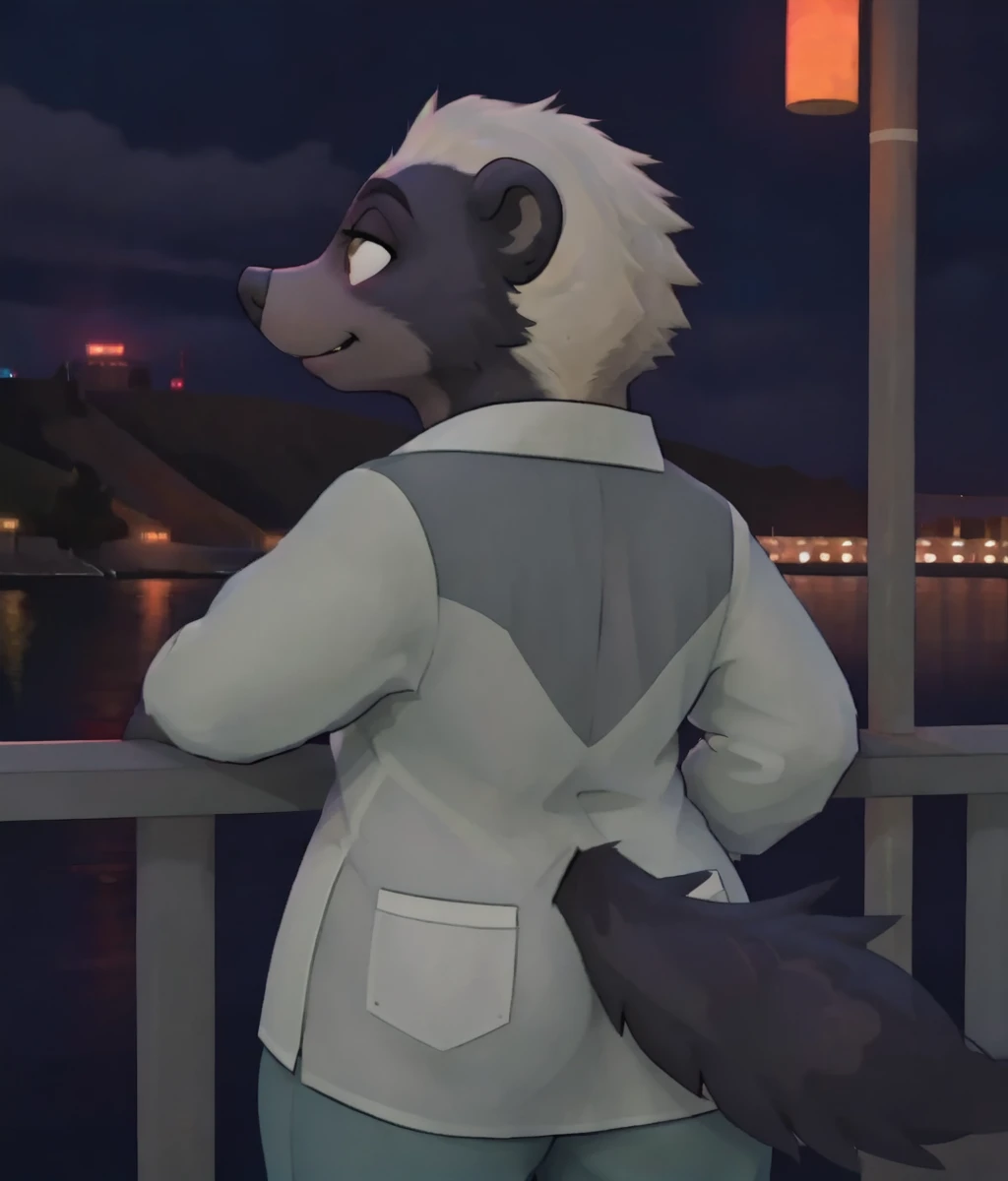 Dr. Madge, honey badger, anthro, female, <lora:Dr_Madge:0.7>, full body, looking away, facing away, leaning on railing:1.2, looking down, large waterfall:1.2, from back, facility, concrete, dam, night, scenic, bright, streetlights, narrowed eyes, background focus relaxed, wide shot, skinny, <lora:add_detail - detail tweaker:-1>, simple, flat colors, full body