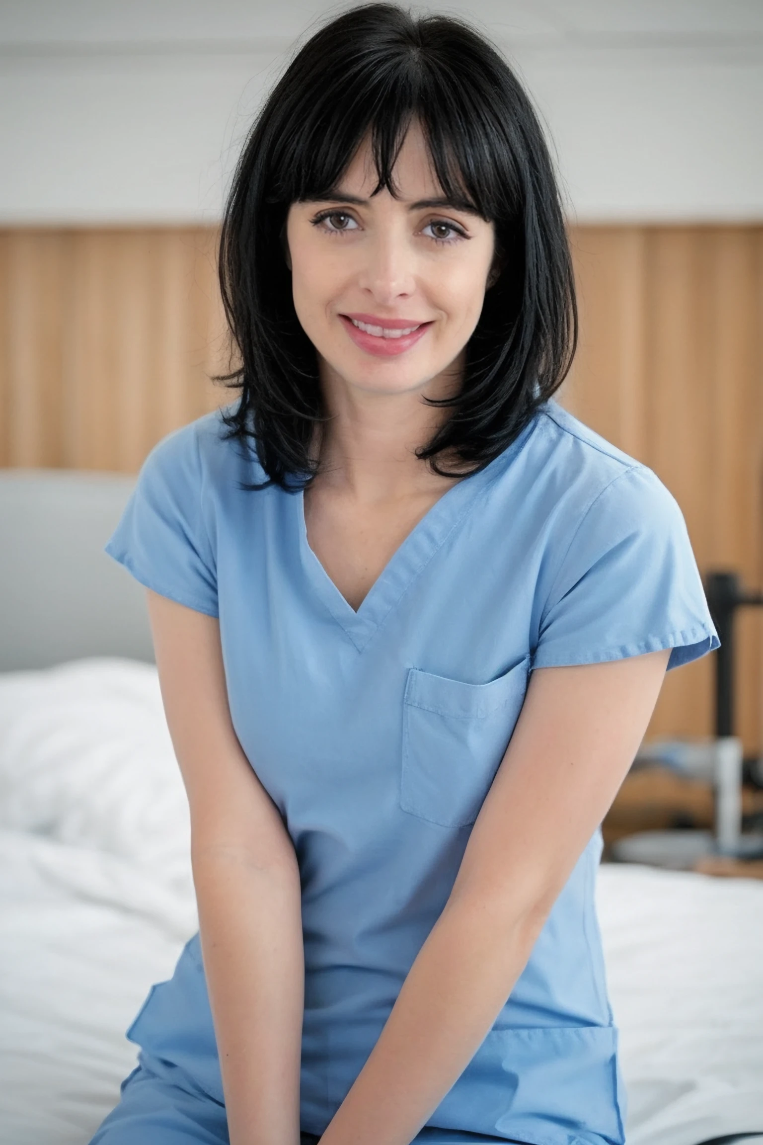 1girl, pov, nurse wearing a white scrubs, bent over, sweet smile, bob cut with bangs, at the hospital, soft light, detailed face, (photorealistic, absurdres, best quality, masterpiece:1.4), (high detailed skin:1.3)
 <lora:PAseer-SD15-LCM Quick:0.8> <lora:krysten_ritter_lora_v01:1> ritter81, black hair, brown eyes