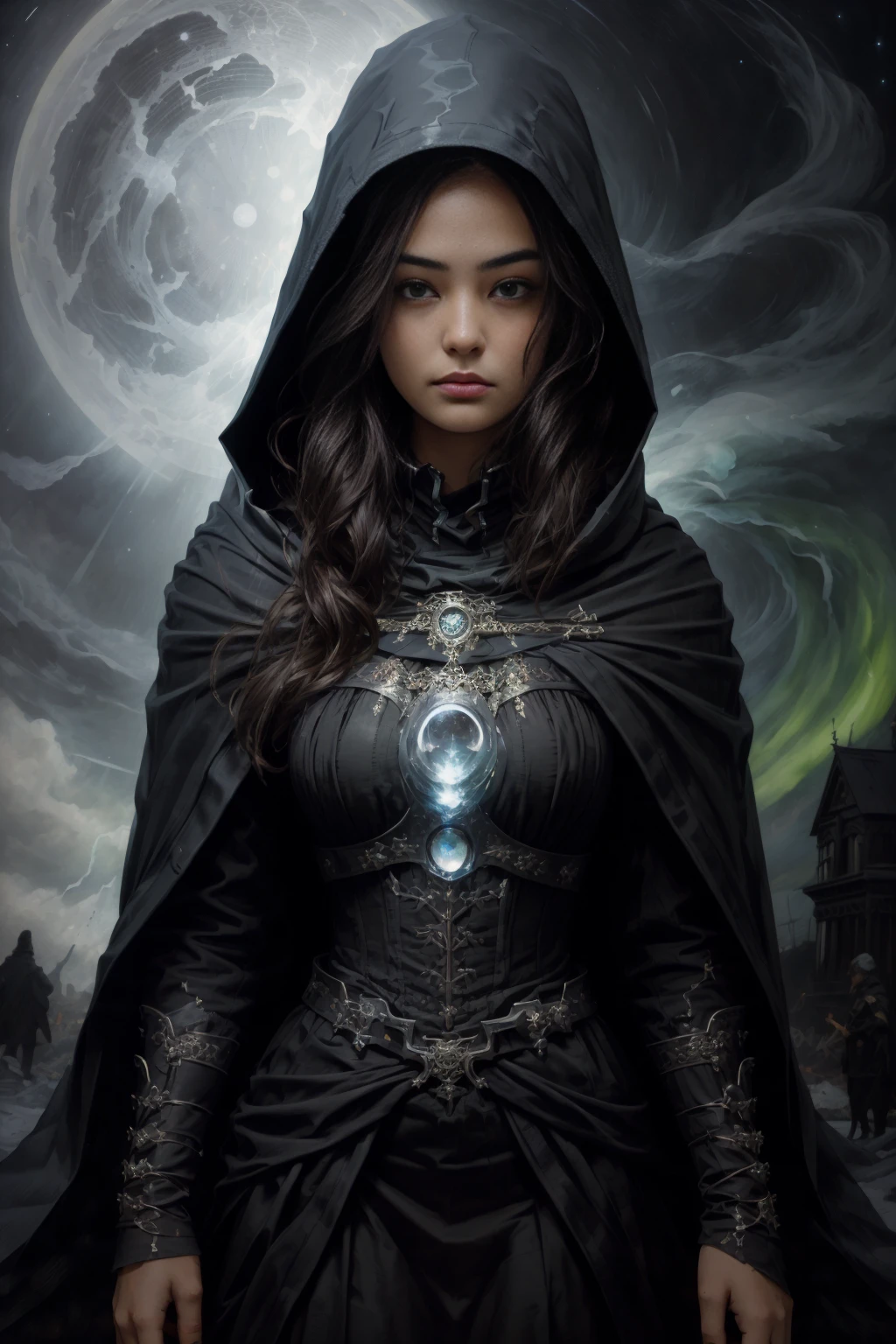 best quality, masterpiece, (opt-courtneyeaton <lora:opt-courtneyeaton:1>, brown hair, brown eyes):1, Style-GravityMagic, (full body:0.6)}, looking at viewer, detailed background, detailed face, (victorian theme:1.1), lunar-cultist, dynamic pose, dark hooded ritual priest clothes, cloak, enchanted moonstone talisman, moon tattoos, eerie glow, , lunar reflections, surrounded by ethereal astral power, calm before the storm, aurora borealis in background, dark atmosphere, , in the style of Daria Endresen and Ernest Zacharevic , <lora:BearlySD:0.8> oil painting