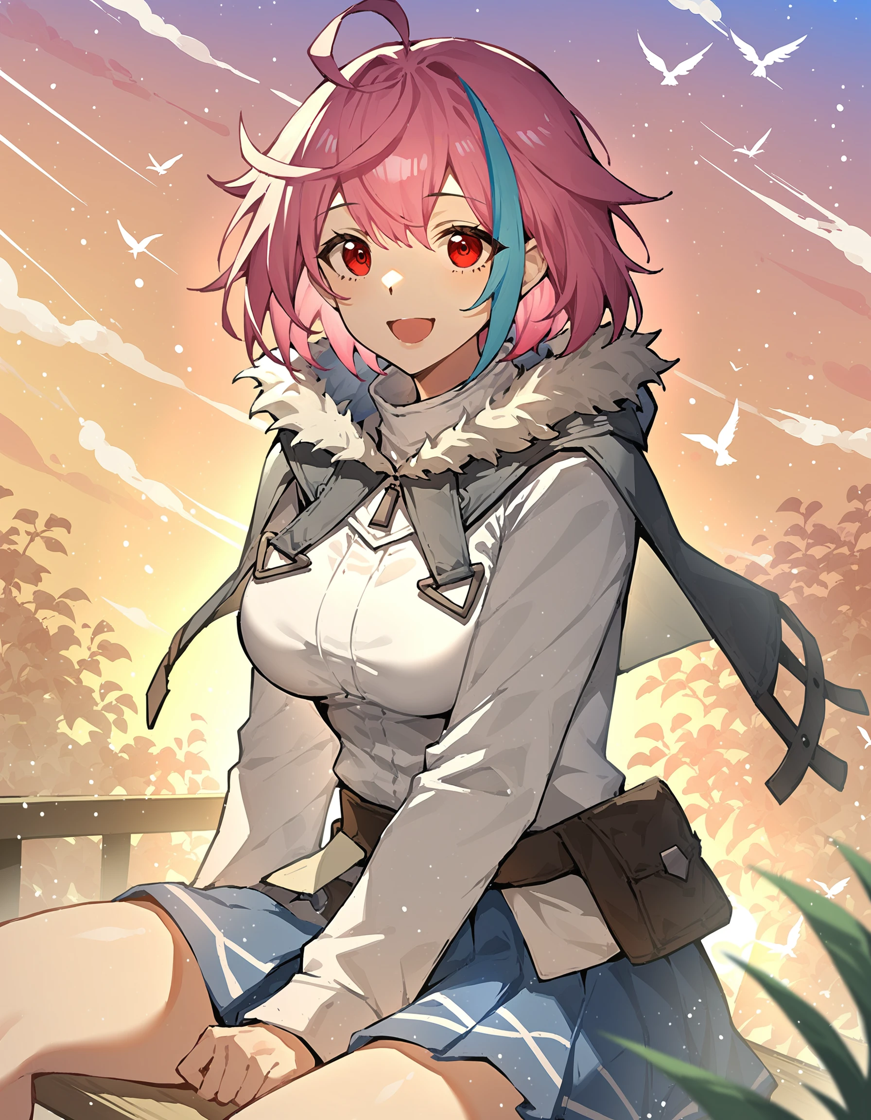 score_9,score_8_up,score_7_up,ok_sign,sitting,sky,bird,smile,open mouth,looking at viewer,
<lora:xialuo_pony:0.8>,xialuo,1girl,solo,red eyes,pink hair,breasts,multicolored hair,blue hair,ahoge,short hair,capelet,fur trim,streaked hair,bangs,poking,