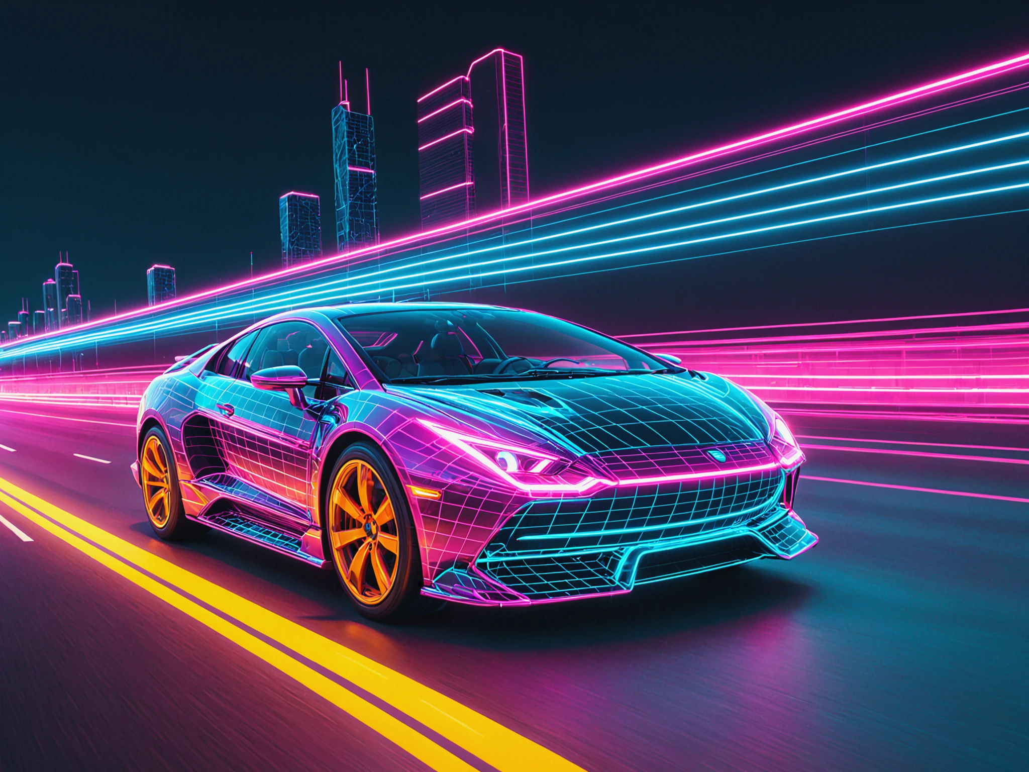 mad-vprwv  car driving on highway, city, motion blur,  grid, cyberspace <lora:Neon_Cyberpunk_Vaporwave_SDXL:0.8>, (masterpiece:1.2), best quality