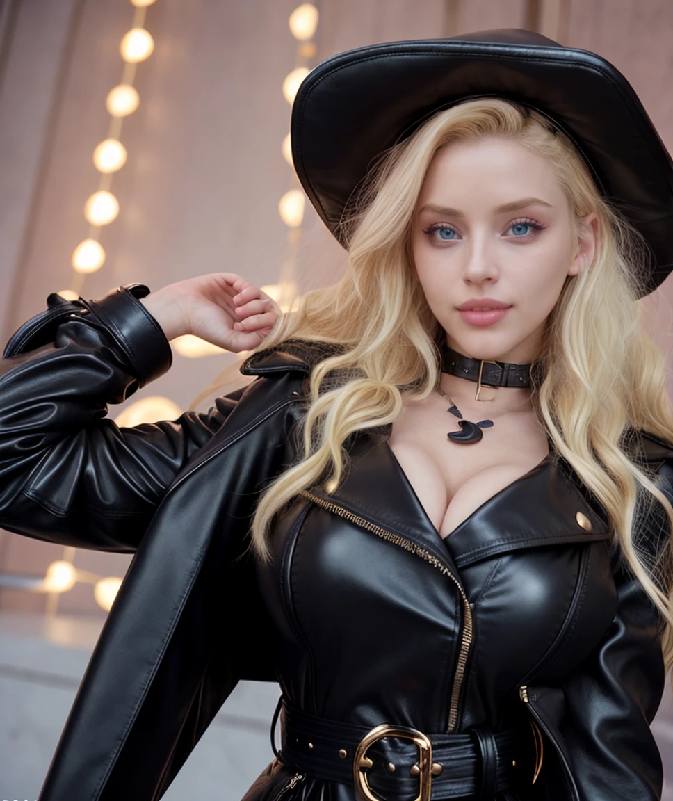 cinematic photo  <lora:quiron_CherryCrush_v010310_Lora:0.77> cherryCrushQuiron, 1girl, long hair, blue eyes, looking at viewer, lips, jewelry, realistic, blonde hair, parted lips, cleavage , smile ,  , Loewe oversized leather trench coat with a belted waist, ,  . 35mm photograph, film, bokeh, professional, 4k, highly detailed