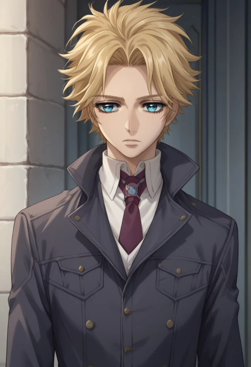 score_9, score_8_up, score_7_up, source_anime, highly detailed, 
hanabusaidoh, blonde hair, 1boy, solo, male focus, necktie, blue eyes, upper body, expressionless, coat, shirt, collared shirt,
indoor, stand,