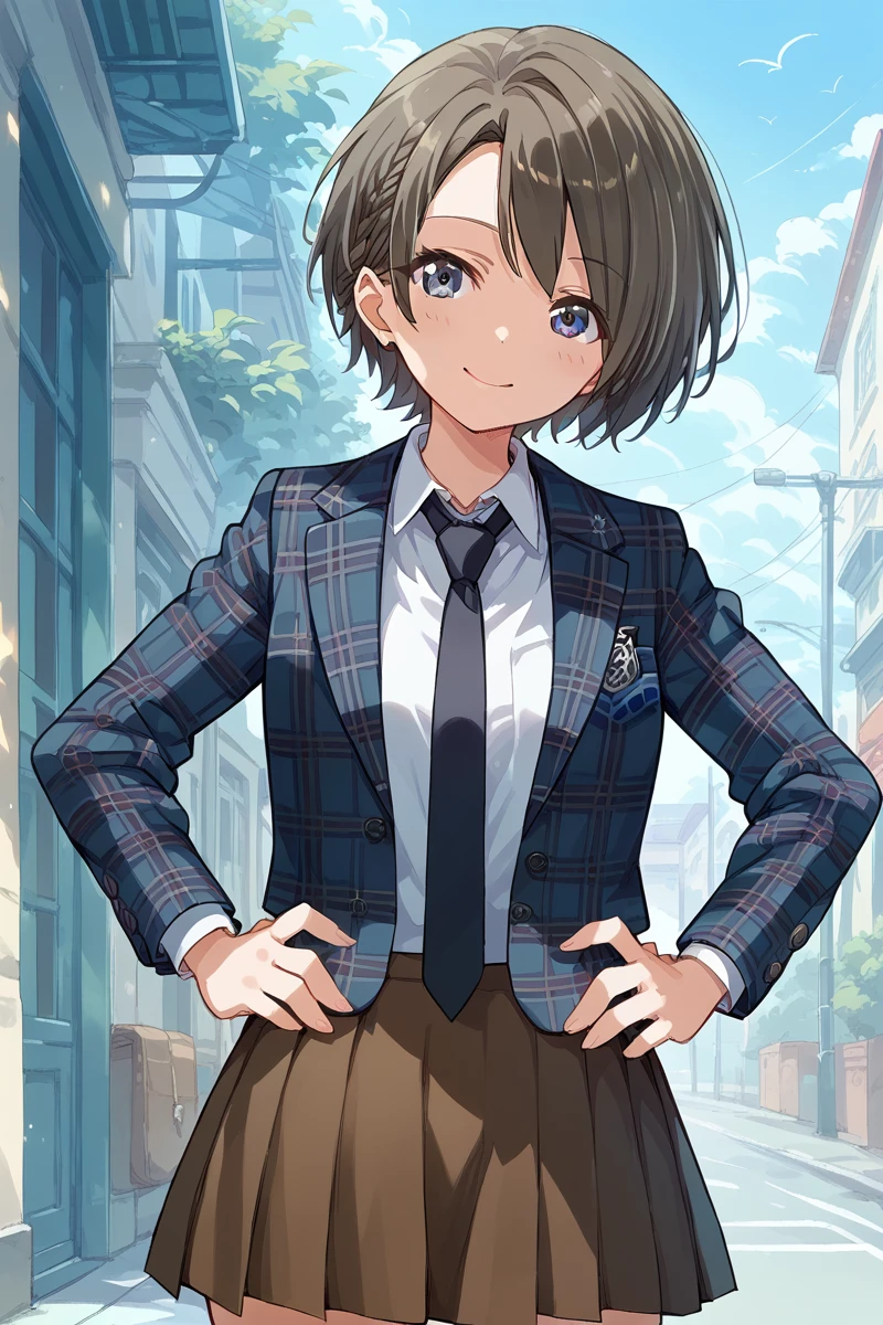 score_9, score_8_up, score_7_up, score_6_up, 1girl,
 <lora:Suzu_Minase:0.9> suzu, short hair, solo, brown skirt, plaid jacket, hands on hips, school uniform, necktie, blazer