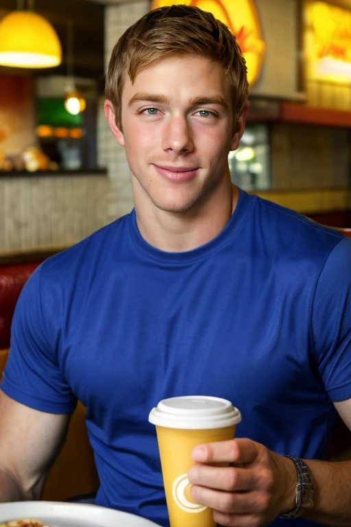 full shot photo, High resolution photo  college stud, handsome guy highly detailed, wearing blue t-shirt, eating in fastfood restaurant, stubble,  (look at viewer) bokeh, sunburnt , (pale bright skin)  <lora:stevesandvoss:0.8> stevesandvoss  detailed skin texture, blonde hair,  detailed eyes, broad shoulders, (smirk:0.6),  realistic, <lora:add_detail:0.7>, (masterpiece,best quality:1.5)