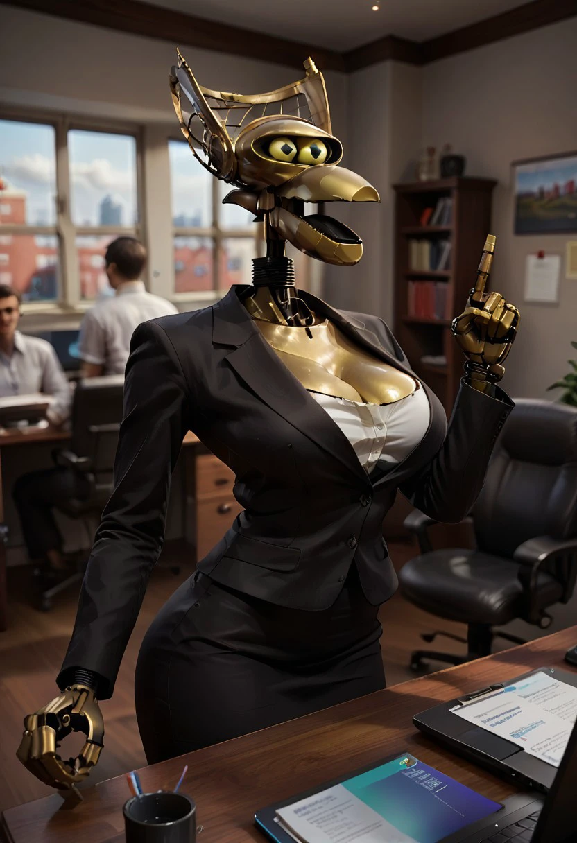 score_9, score_8_up, score_7_up, score_6_up, score_5_up, score_4_up, cr0wtr0b0t, robot, 1girl, solo, curvy, large breasts, cleavage, upper body focus, dressed as  lawyer, standing, evil grin, open mouth, (office background), office, windows, clouds, blurry background, sitting, office chair, using laptop, cowboy shot, pointing finger