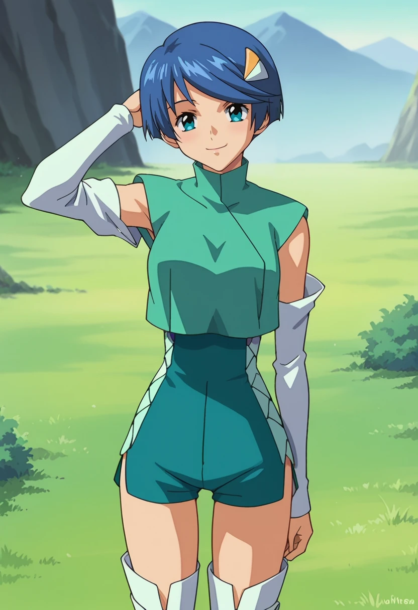 score_9,score_8_up,score_7_up,anime coloring BREAK source_anime,anime,<lora:Scheris_Adjani_s-CRY-ed_PonyXL>,scherisa,1girl,solo,blue hair,short hair,blue eyes,hair ornament,thigh boots,solo,cropped jacket,blue shorts,detached sleeves,smile,arm_behind_head,looking_at_viewer,outdoors,