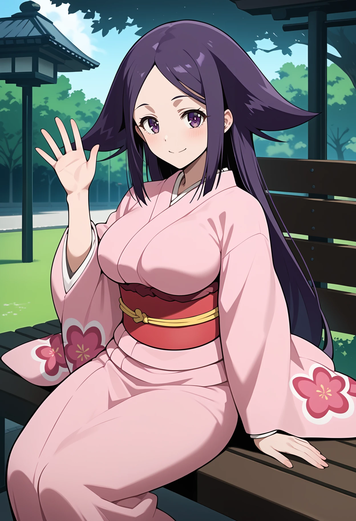 score_9, score_8_up, score_7_up, score_6_up, score_5_up, score_4_up, source_anime, aaoharu, long hair, purple hair, hair flaps, purple eyes, large breasts, japanese clothes, print kimono, pink kimono, long sleeves, obi, sash, <lora:oharu_ponyxl_v1:0.9>, smile, sitting, waving, park, bench,