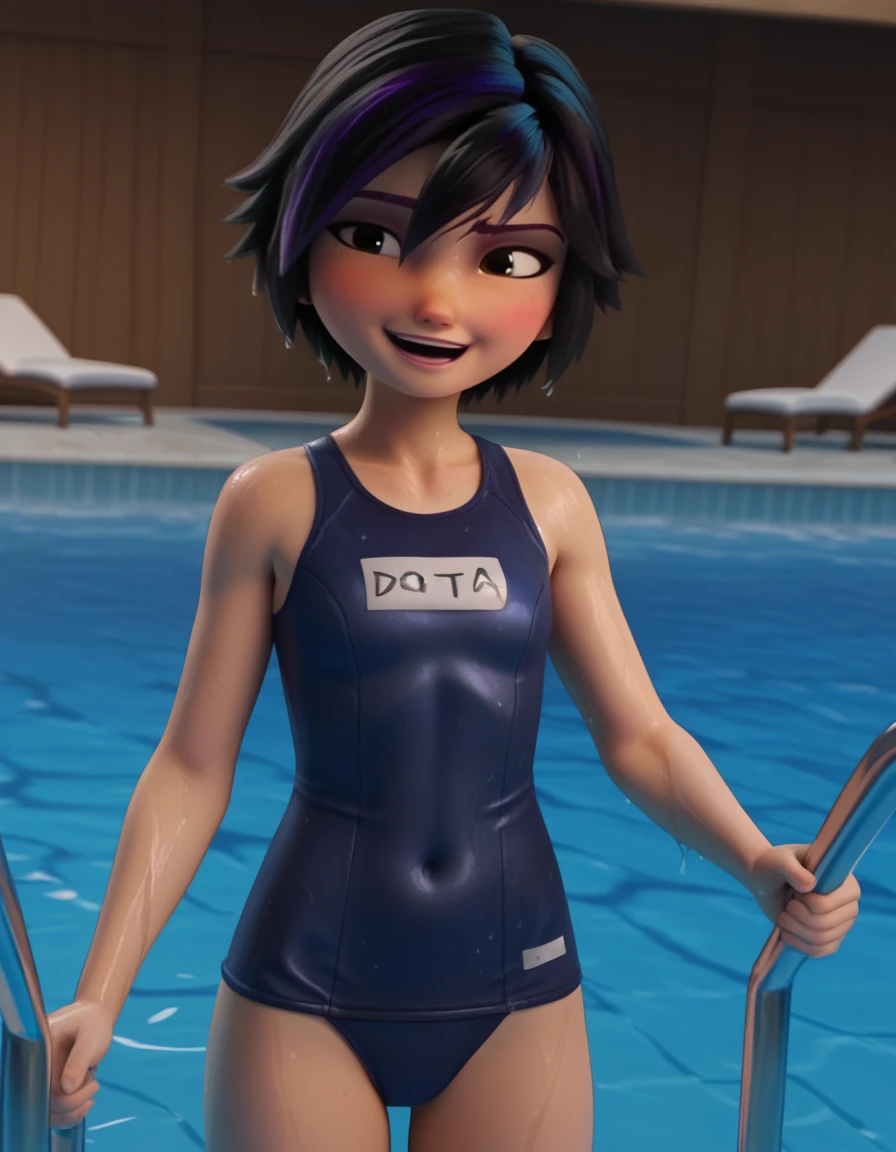 score_9, score_8_up, score_7_up, source_anime, <lora:go-go-tomago-movie-ponyxl-lora-nochekaiser:1>, go go tomago, short hair, black hair, black eyes, tomboy, streaked hair, purple hair, 3d,, <lora:old-school-swimsuit-ponyxl-lora-nochekaiser:1>, old school swimsuit, school swimsuit, blue one-piece swimsuit, one-piece swimsuit, name tag, swimsuit, covered navel, wet swimsuit, collarbone,, poolside, pool, splashing, smile, open mouth, blush,, , cowboy shot, dutch angle