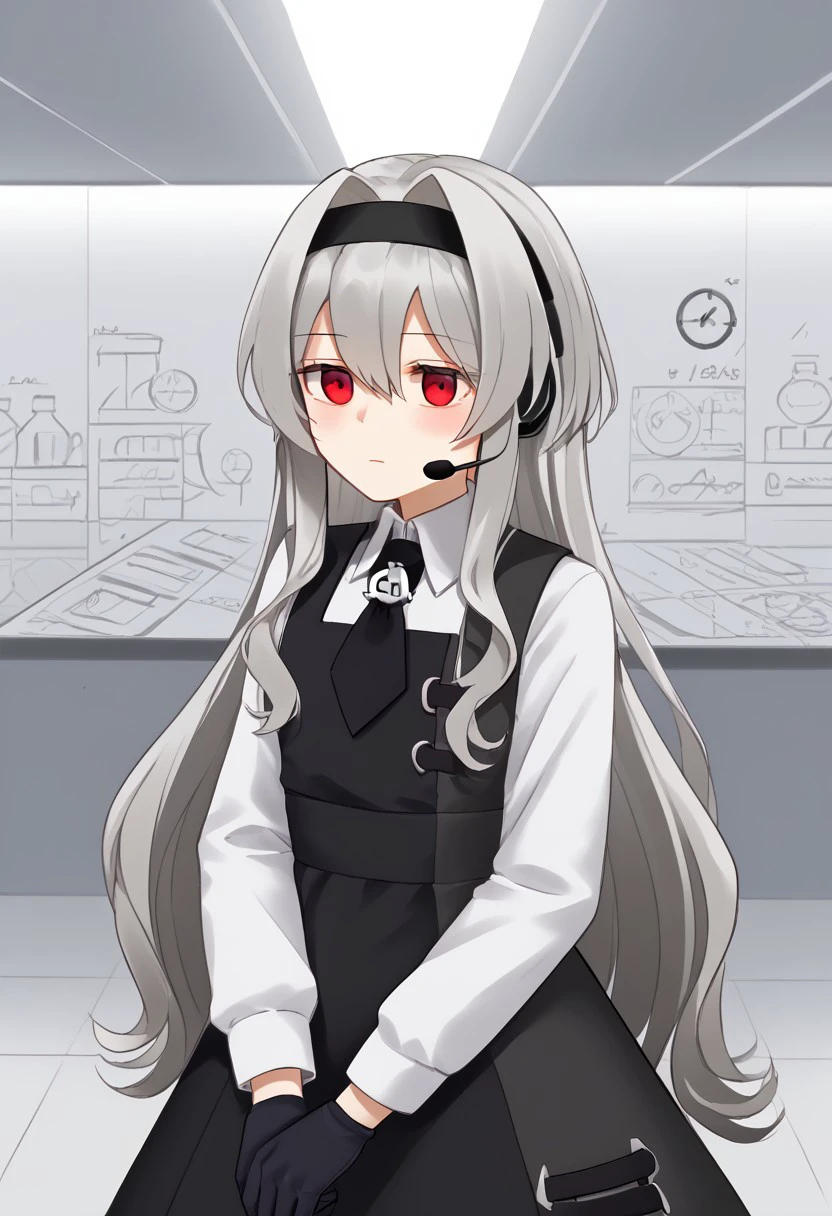 1girl, solo, Eve.aic, long hair, red eyes, hairband, very long hair, bangs, hair intakes, hair between eyes, white hair, black hairband, headset, grey hair,
shirt, white shirt, long sleeves, gloves, collared shirt, black gloves, dress, necktie, black dress, pinafore dress, badge,
laboratory, headpat, pov hands, blush, cowboy shot