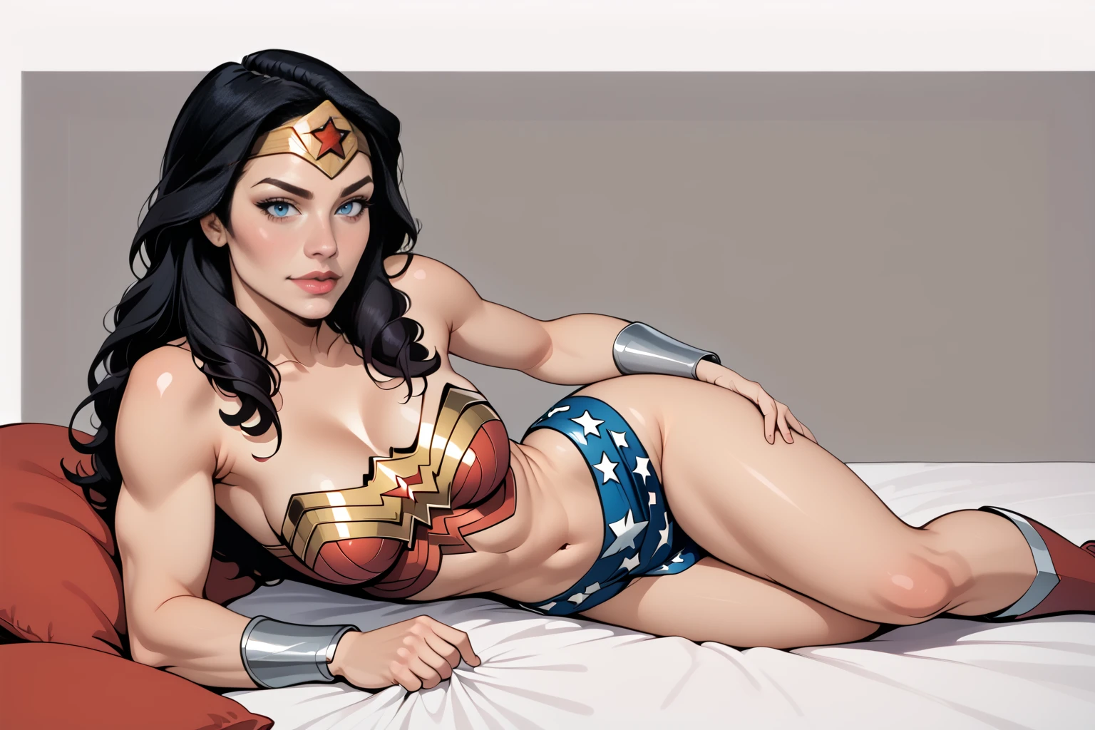 <lora:Wonder_Woman_PDXL_spamb0t:0.8>,DC_Comics_Wonder_Woman
BREAK long black hair
BREAK gold tiara
BREAK pelvic curtain,revealing cleavage,navel,midriff,very skimpy outfit,highheel boots
BREAK laying on bed, laying on stomach, seen from above, grabbing sheets
BREAK rear angle view, medium shot
BREAK cowboy shot,abstract background
BREAK high quality,film grain,cinematic lighting,volumetric lighting,modeling shoot
BREAK (hyper detail,insanely detailed,best quality,masterpiece,photorealistic:1.4)