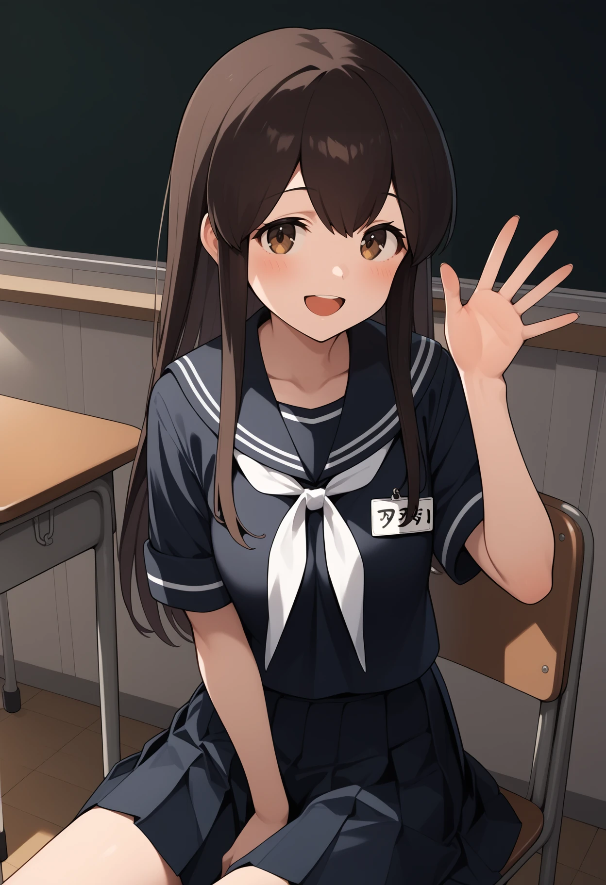 score_9, score_8_up, score_7_up, score_6_up, score_5_up, score_4_up, source_anime, aaakagi, long hair, brown hair, brown eyes, black serafuku, black sailor collar, white neckerchief, black shirt, name tag, short sleeves, pleated skirt, black skirt, <lora:akagi_(kancolle)_ponyxl_v1:0.9>, sitting, classroom, on chair, desk, smile, open mouth, waving