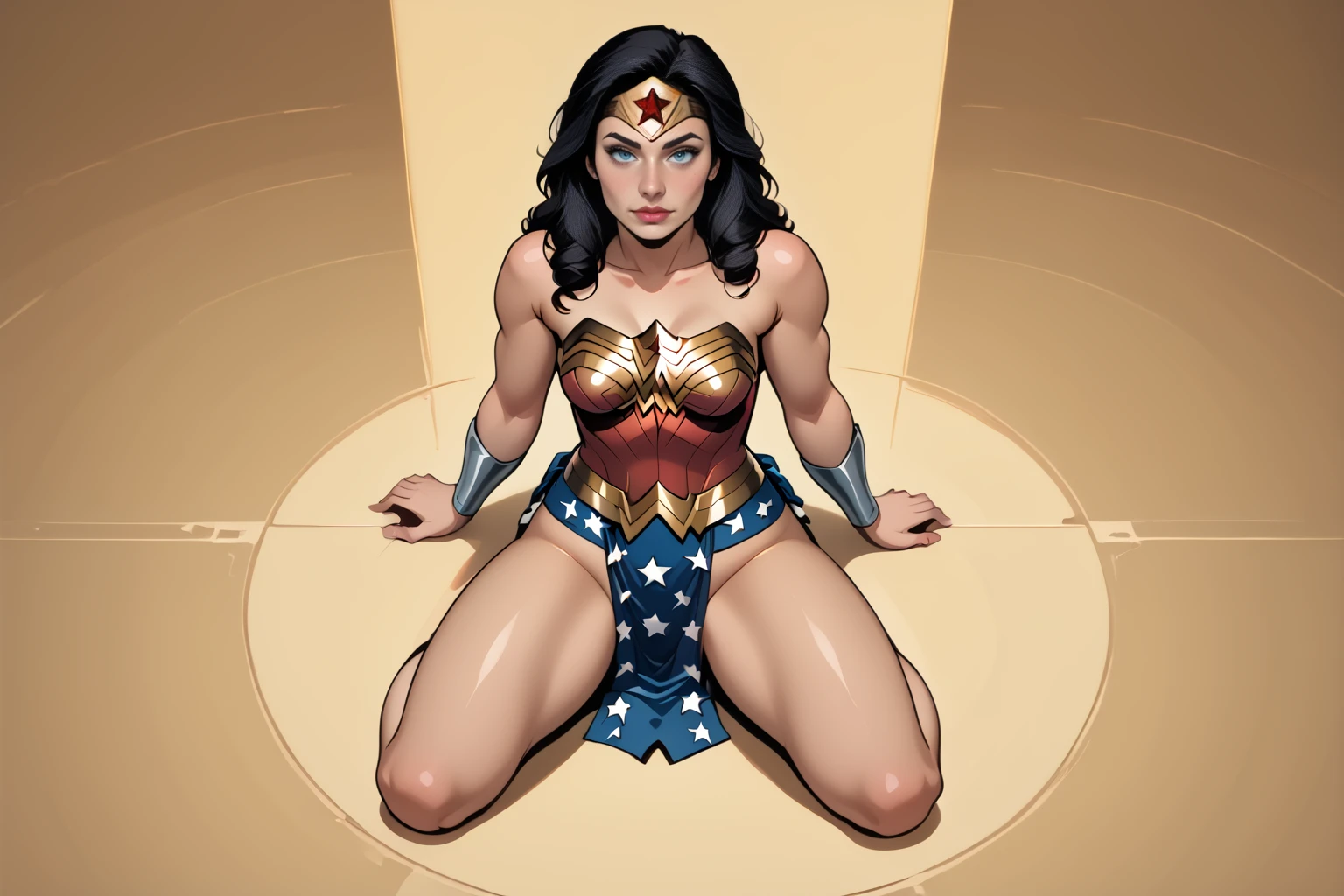 <lora:Wonder_Woman_PDXL_spamb0t:0.8>,DC_Comics_Wonder_Woman
BREAK long black hair
BREAK gold tiara
BREAK pelvic curtain,revealing cleavage,navel,midriff,very skimpy outfit,highheel boots
BREAK sitting with legs together, arms forming a circle
BREAK seen from above, medium full shot
BREAK cowboy shot,abstract background
BREAK high quality,film grain,cinematic lighting,volumetric lighting,modeling shoot
BREAK (hyper detail,insanely detailed,best quality,masterpiece,photorealistic:1.4)