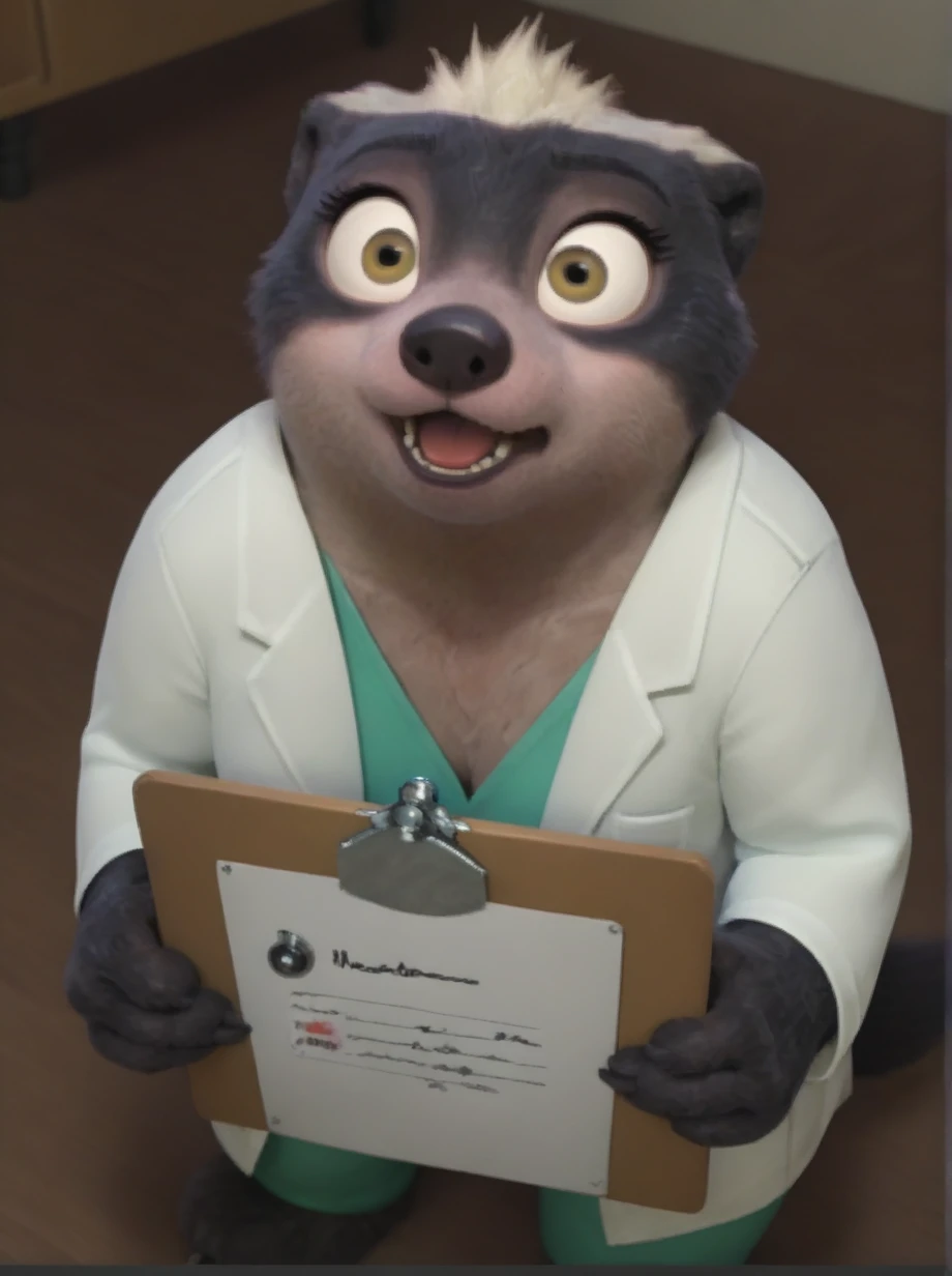 Dr.Madge, honey badger, anthro, female, high angle:1.3, short, looking up, wide eyes:0.7, slightly open mouth, pov, holding clipboard, blank clipboard, meeting room, bright, squinted:0.5