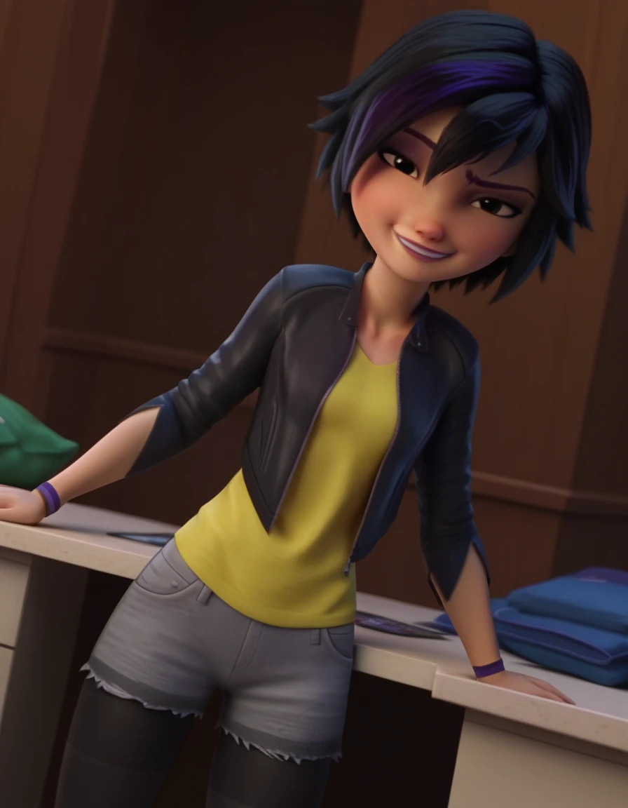 score_9, score_8_up, score_7_up, source_anime, <lora:go-go-tomago-movie-ponyxl-lora-nochekaiser:1>, go go tomago, short hair, black hair, black eyes, tomboy, streaked hair, purple hair, 3d,, shirt, jacket, pantyhose, open clothes, shorts, open jacket, black jacket, black pantyhose, denim, yellow shirt, grey shorts,, indoors, bent over, smile, smug, looking at viewer, solo,, cowboy shot, dutch angle