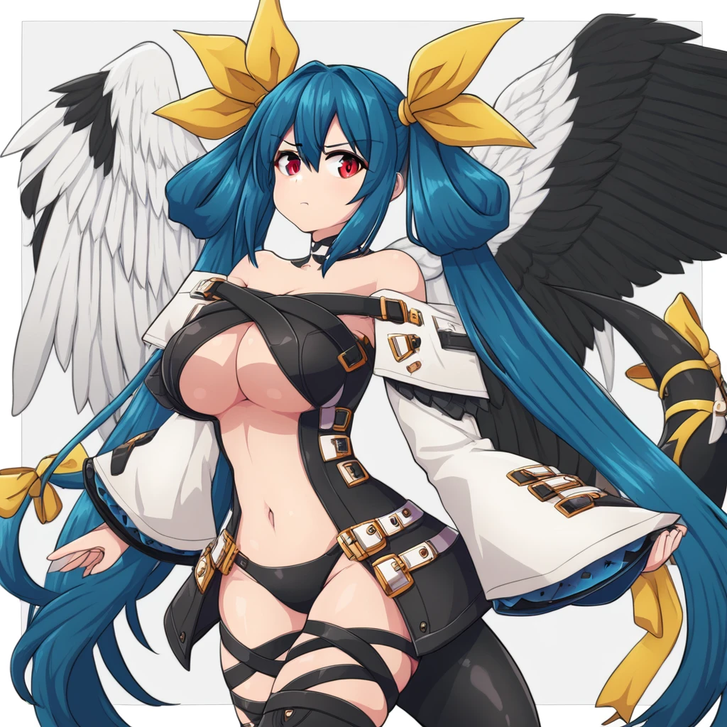 1girl, pouting cute, red eyes, blue hair, long hair, hair ring,  twintails, bangs, sidelocks, hair between eyes, ribbon, yellow ribbon, hair ribbon,  thighhighs, choker, bare shoulders, underboob, wide sleeves, detached sleeves, long sleeves, midriff, navel, cleavage, thighs, black legwear, belt, leotard, center opening, collarbone, thigh strap, mini skirt, black panties, asymmetrical wings, tail, tail ornament,