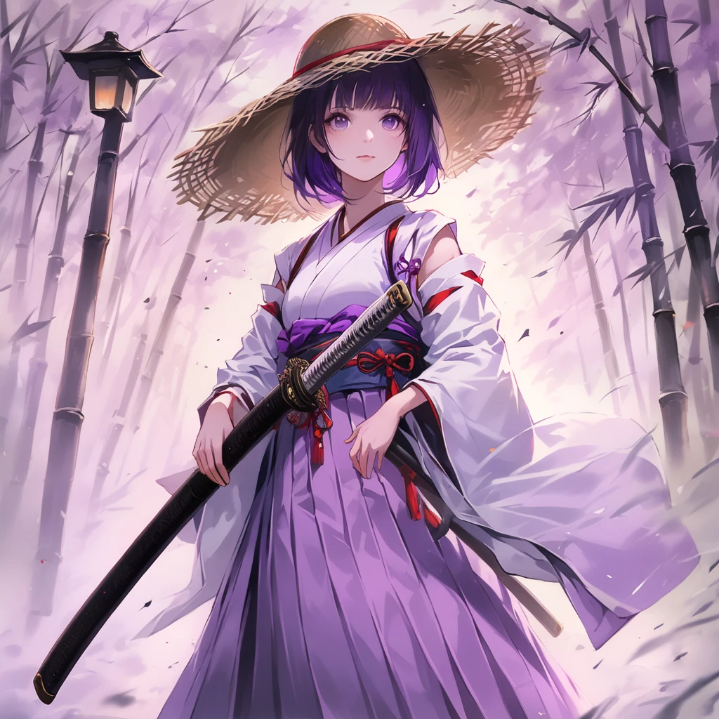 <lora:YamatoXL:0.8>,katana,sword,1girl,bishoujo,pale_skin,triangular face,purple hair,purple eyes,no_pupils,japanese_clothes,(((pale purple colthes))),miko,(((pale purple miko))),bamboo hat,(((straw_hat))),disdain,she carried a katana,She carried a sword