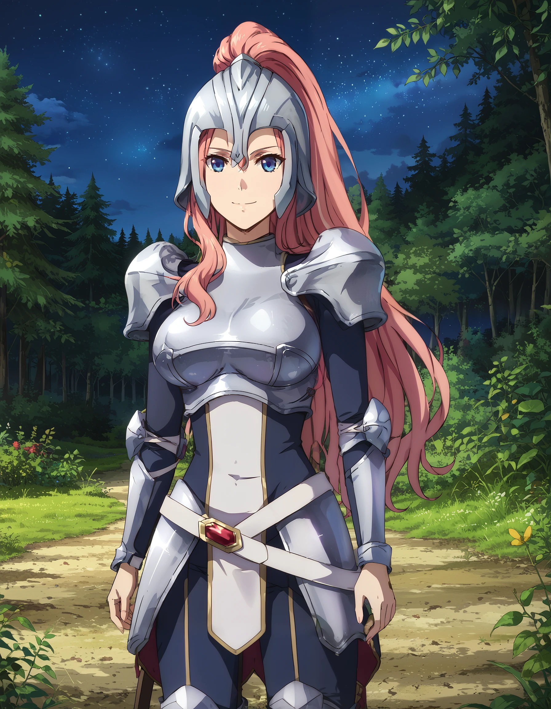 score_9, score_8_up, score_7_up, masterpiece, absurdres, source_anime, perfect anatomy,

good_hands,

1girl, solo, shiny skin,
EclairSeaetto, pink hair, long hair, bang, blue eyes, big breast,
ponytail, armor, silver armor, helmet, boots,
outdoors, forest, night, starry sky, smile, looking at viewer,