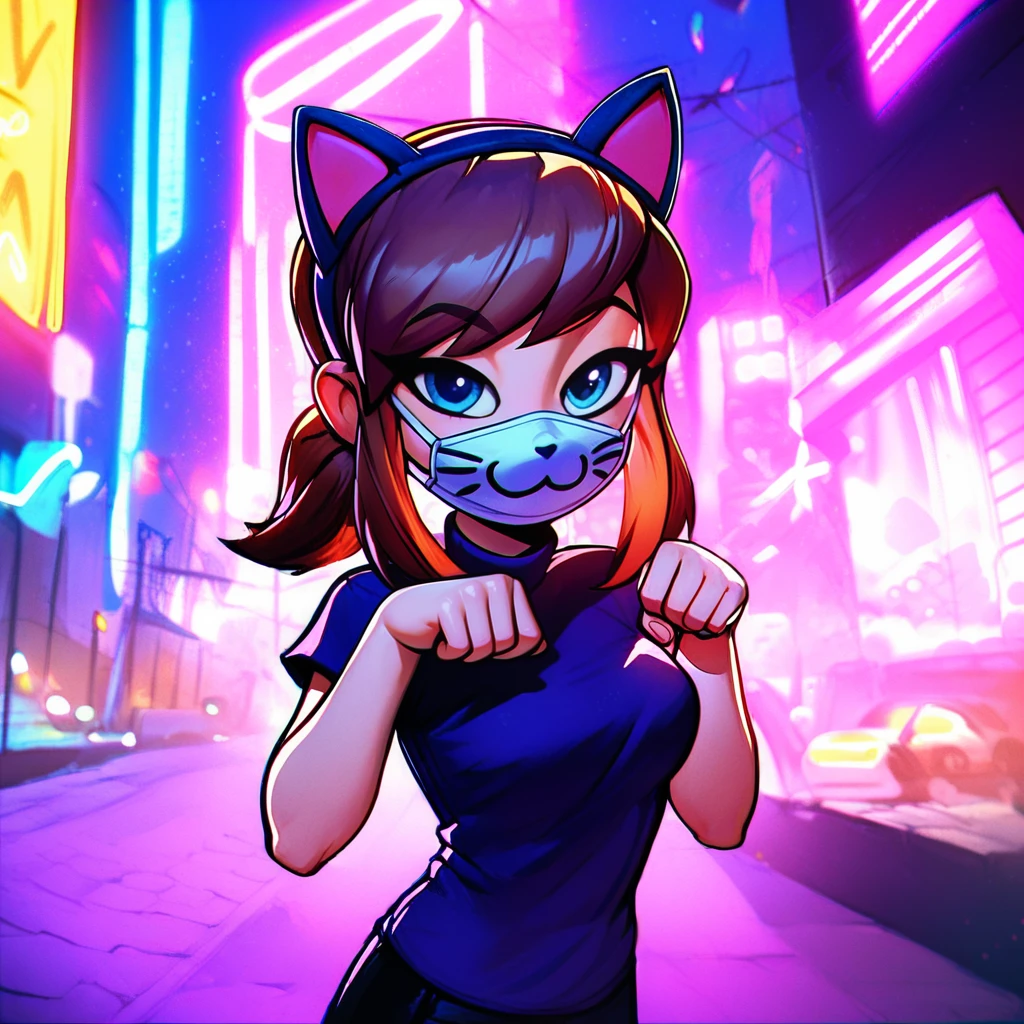 <lora:hatkid:1>,1girl,solo,hat-kid,aged up,medium breasts,brown hair,sidelocks,ponytail,blue eyes,fake cat ears,cat mouth mask,,
outdoors,city,neon lights,blurry background,night,night sky,street,science fiction,
cowboy shot,hands up,paw pose,looking at viewer,bedroom eyes,, score_9, score_8_up, score_7_up, perfect anatomy, source_anime, zPDXL2,