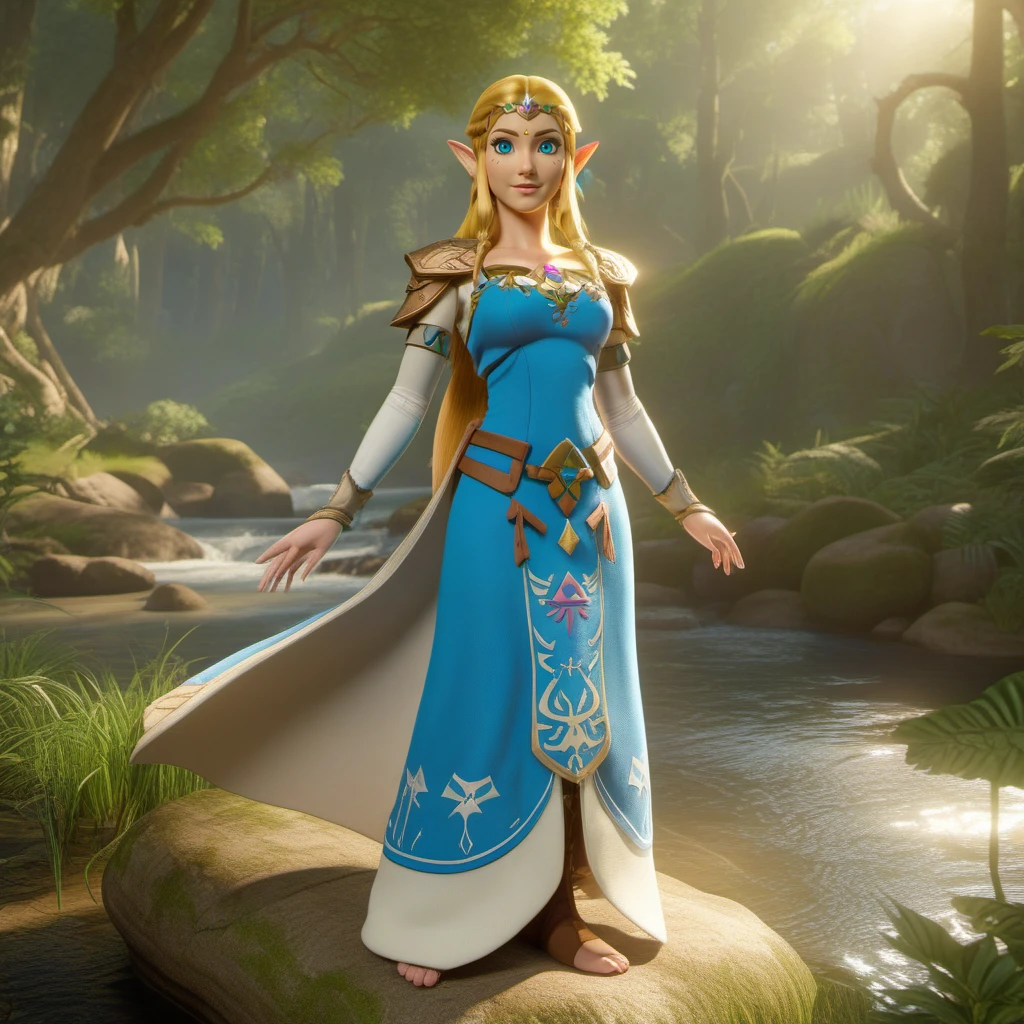 professional 3d model full body portrait princess zelda,  pointy ears, blue eyes, long blond hair, detached sleeves, navel, forest, river  <lora:Zelda1024:0.8> . octane render, highly detailed, volumetric, dramatic lighting