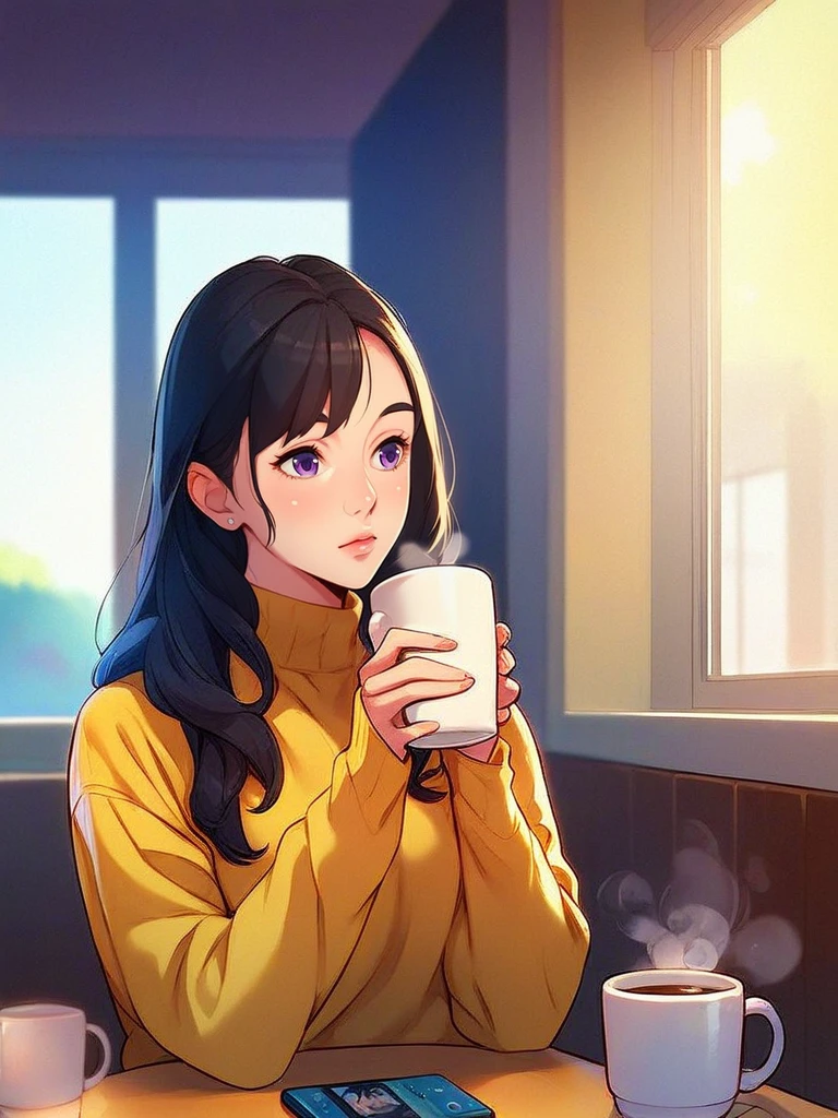 score_9,score_8,score_7,score_8_up,score_7_up,score_6_up, 1girl, solo, long hair, brown hair, black hair, long sleeves, holding, purple eyes, indoors, sweater, cup, window, phone, cellphone, steam, holding cup, holding phone, mug, drinking, coffee mug, yellow sweater, talking on phone