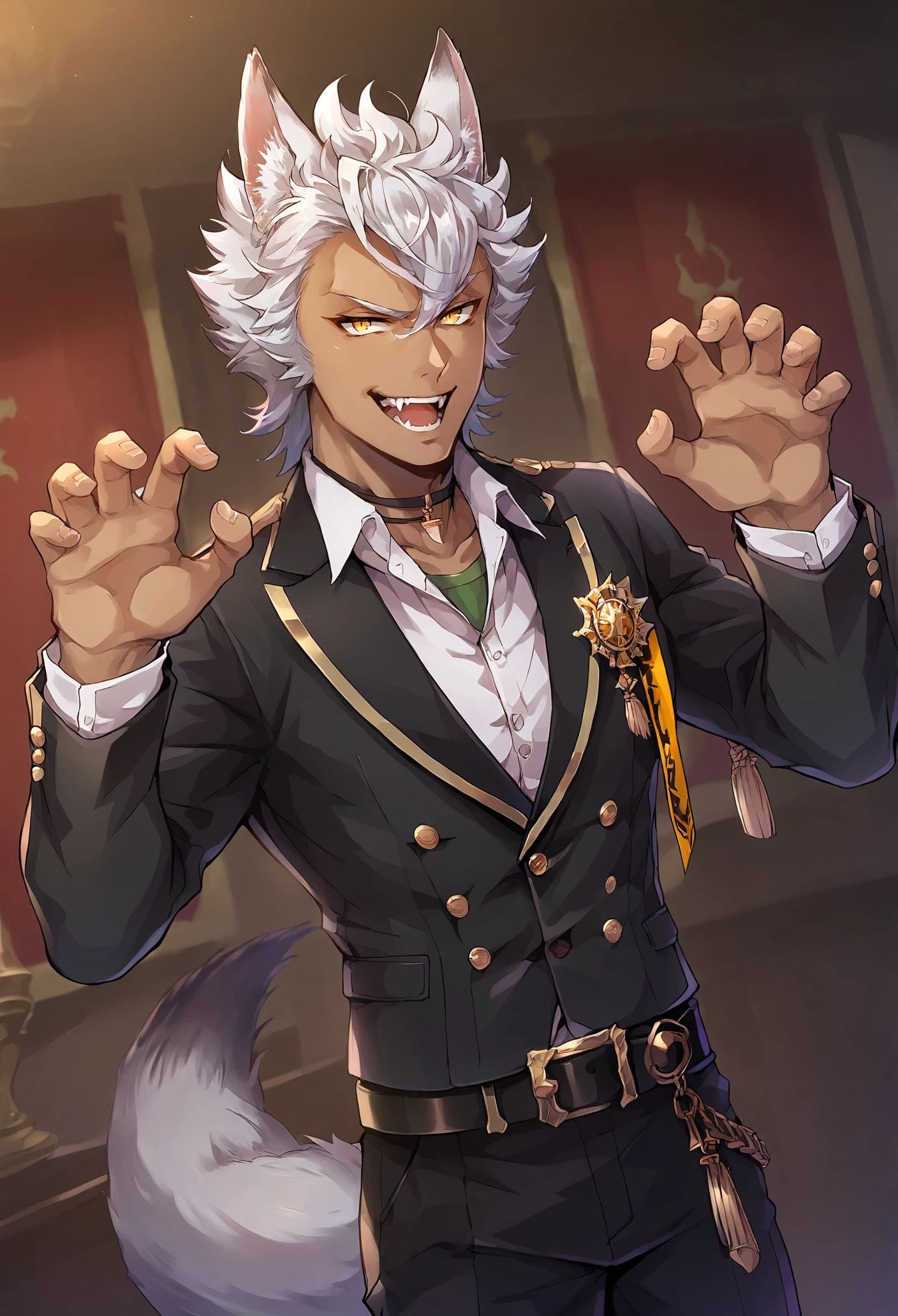 score_9, score_8_up, score_7_up,
(((j4ckreg))), animal ears, wolf ears, wolf tail, white hair, yellow eyes, 1boy, male focus, animal ears, dark-skinned male, solo, dark skin, fangs,
black belt,
smirk, amused, naughty, open mouth, dutch angle,
hands up, claw pose, looking at viewer,
<lora:Jack_Howl:0.9>