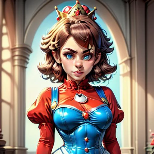 solo, 1woman, even lighting, no glow, no aura, Mariette, facing forward, adult woman, brown hair, lightly curly hair, blue eyes, average bust, wide hips, princess dress, red underbust corset, blue dress, super crown,