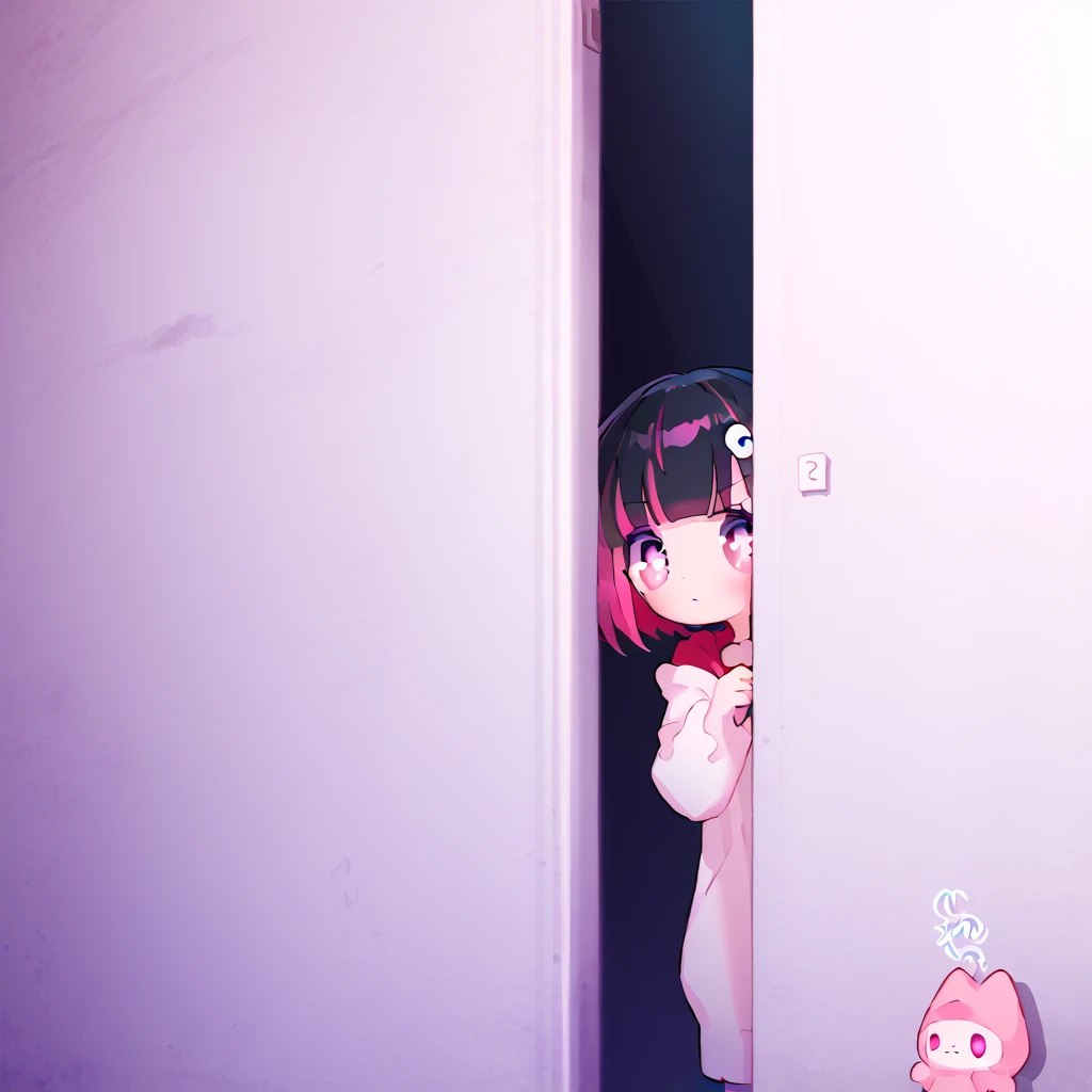 <lora:Berta_Delica:1> black hair, pink hair, multicolored hair, symbol-shaped pupils
 <lora:PeekingOut_pdxl_Incrs_v1:0.8> peeking out, upper body, hiding behind wall