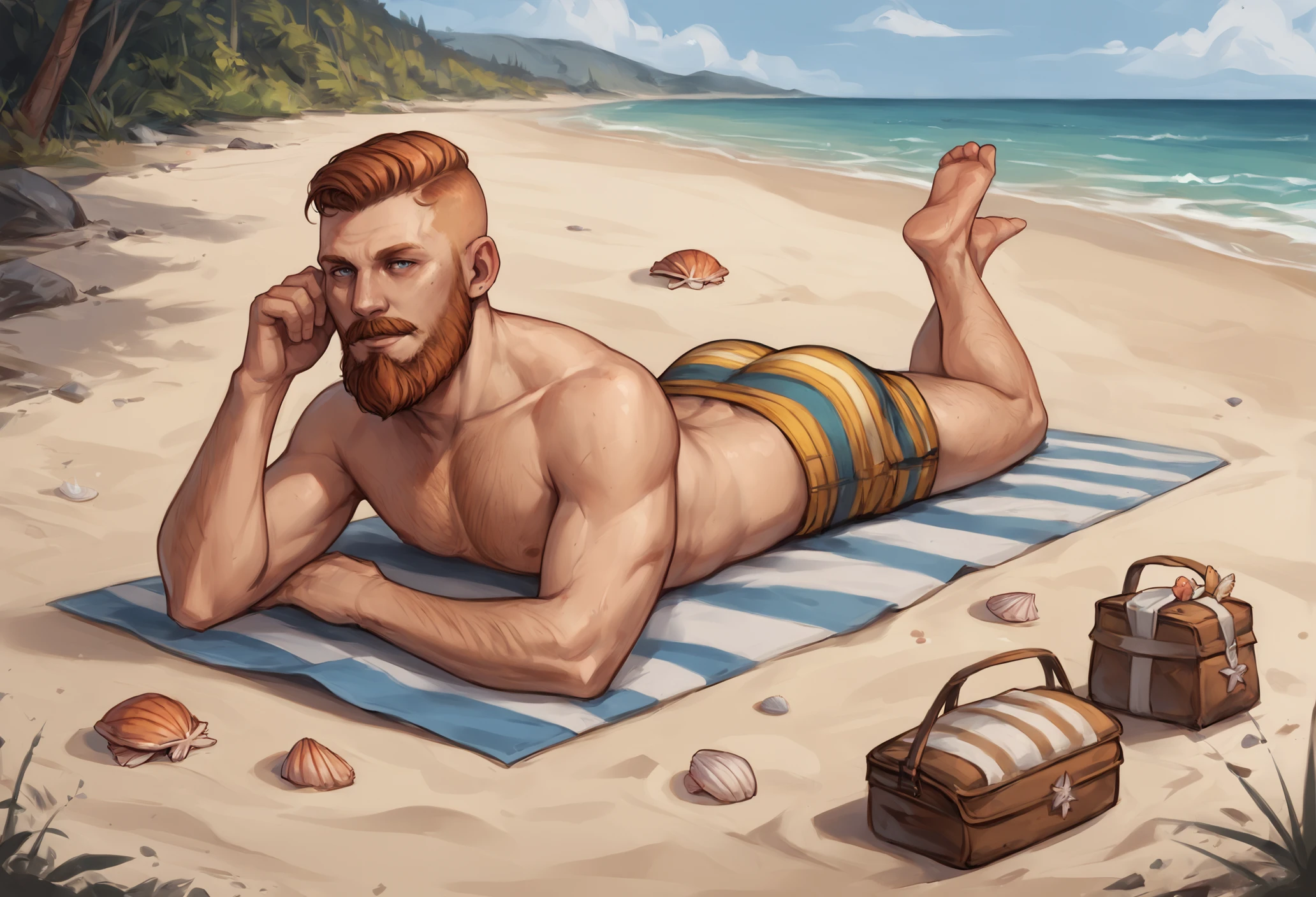 score_9, score_8_up, score_7_up, 1boy, male focus, mature male, blue eyes, short hair, undercut, facial hair, beard, mustache, full body, shirtless, colorful swimming shorts,
lying on stomach, striped orange and white towel,
outdoors, beach, sand, shells, bag, <lora:Jacob_Seed_2:1> <lora:StS_detail_slider_v1:3>