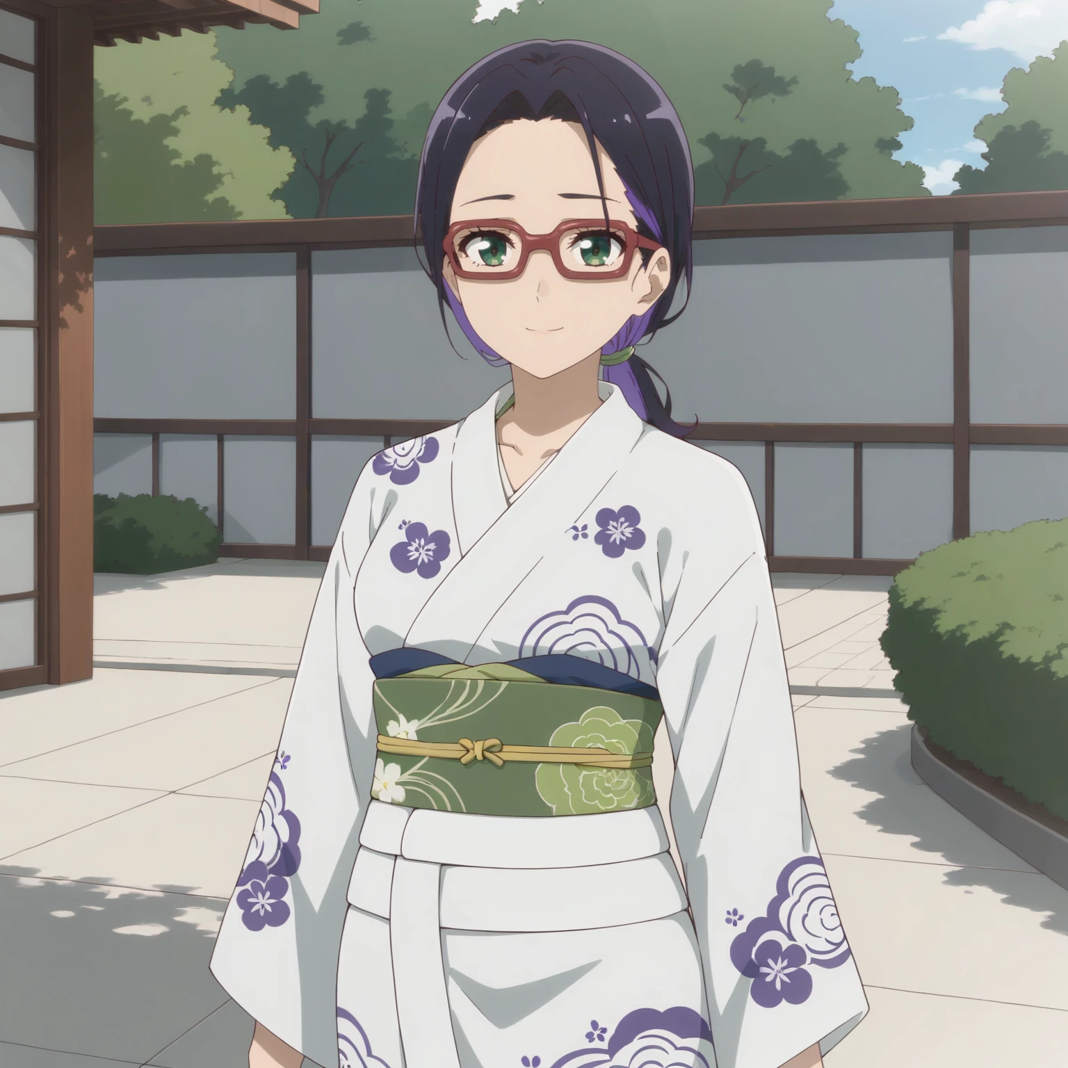 <lora:NCfY_JyoiXLpony001>,
smile,
solo,
Jyoi,1girl,multicolored hair,black hair,purple hair,low ponytail,green eyes,red-framed eyewear,
outdoors,
print_kimono,