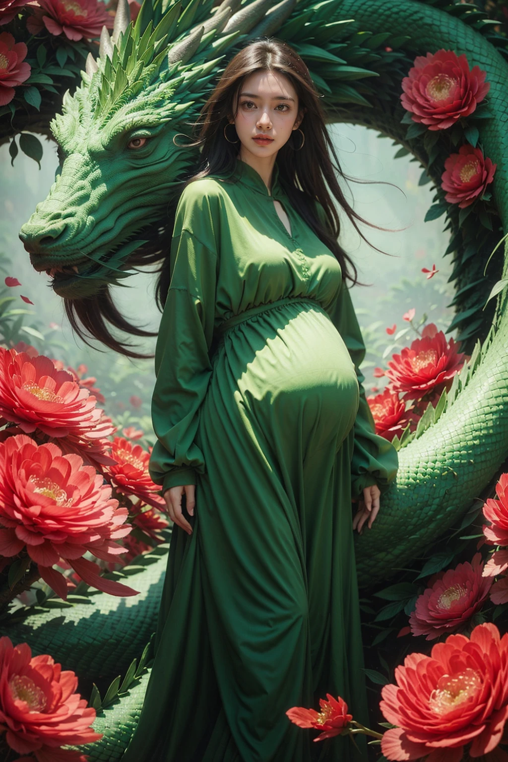 1girl, full body, breast,green dragon dress, flower,pregnant,  <lora:JAY - GREEN DRAGON DRESS:0.7>