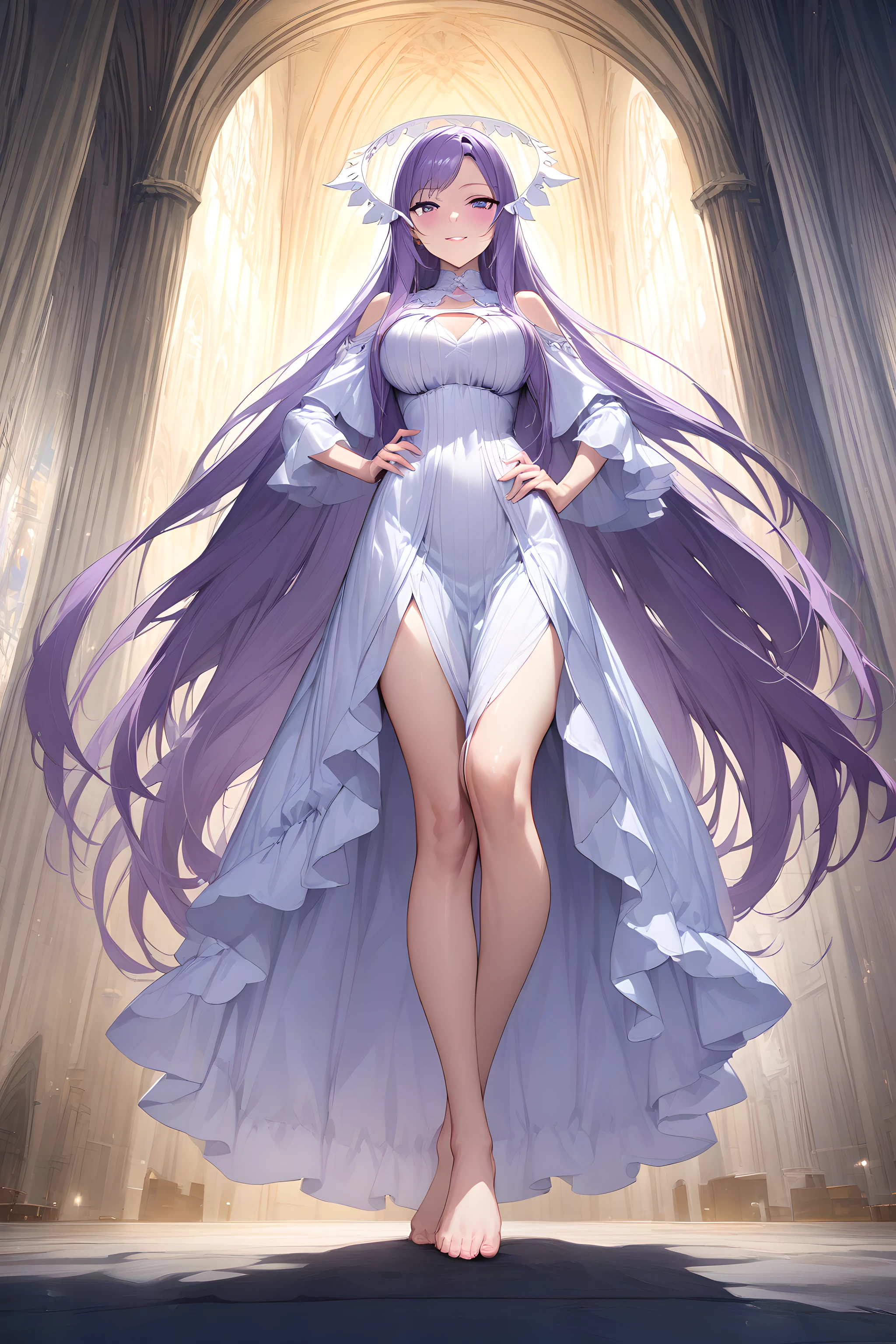 (masterpiece),(best quality),(ultra-detailed),(best illustration),(best shadow),(absurdres),(detailed background),(very aesthetic), quinella, 1girl, solo, long hair, dress, very long hair, barefoot, purple eyes, purple hair, white background, breasts, looking at viewer, full body, hand on hip, cathedral background, white dress, seductive smile, feet sleeves, <lora:XL-Quinella:1>