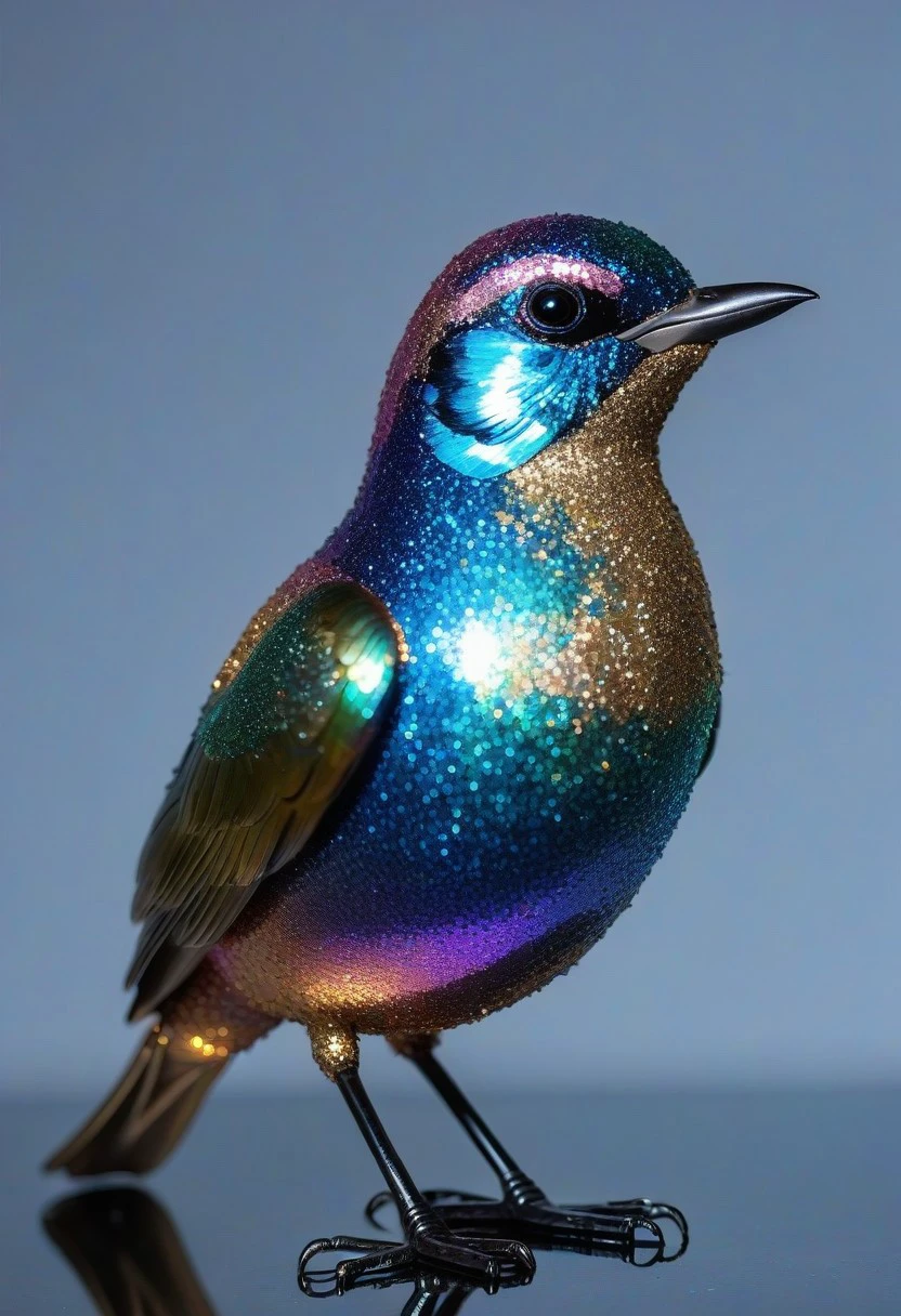 glitter, iridescent, ((bird fully made of fire)), sober background, transparent, see through, translucent, transparent, homogeneous texture, good posture, reflections, sparkles