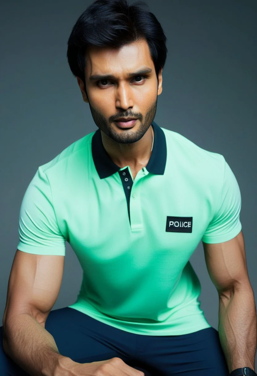 Ultra-detail, (highres:1.1), best quality, (masterpiece:1.3), Sendhil Ramamurthy a man <lora:rohit-khandelwal_Sendhil-Ramamurthy:0.9>, skinny muscled, modern haircut, dynamic posture, ((wearing police polo shirt)), dramatic angle, full-body from above looking away,