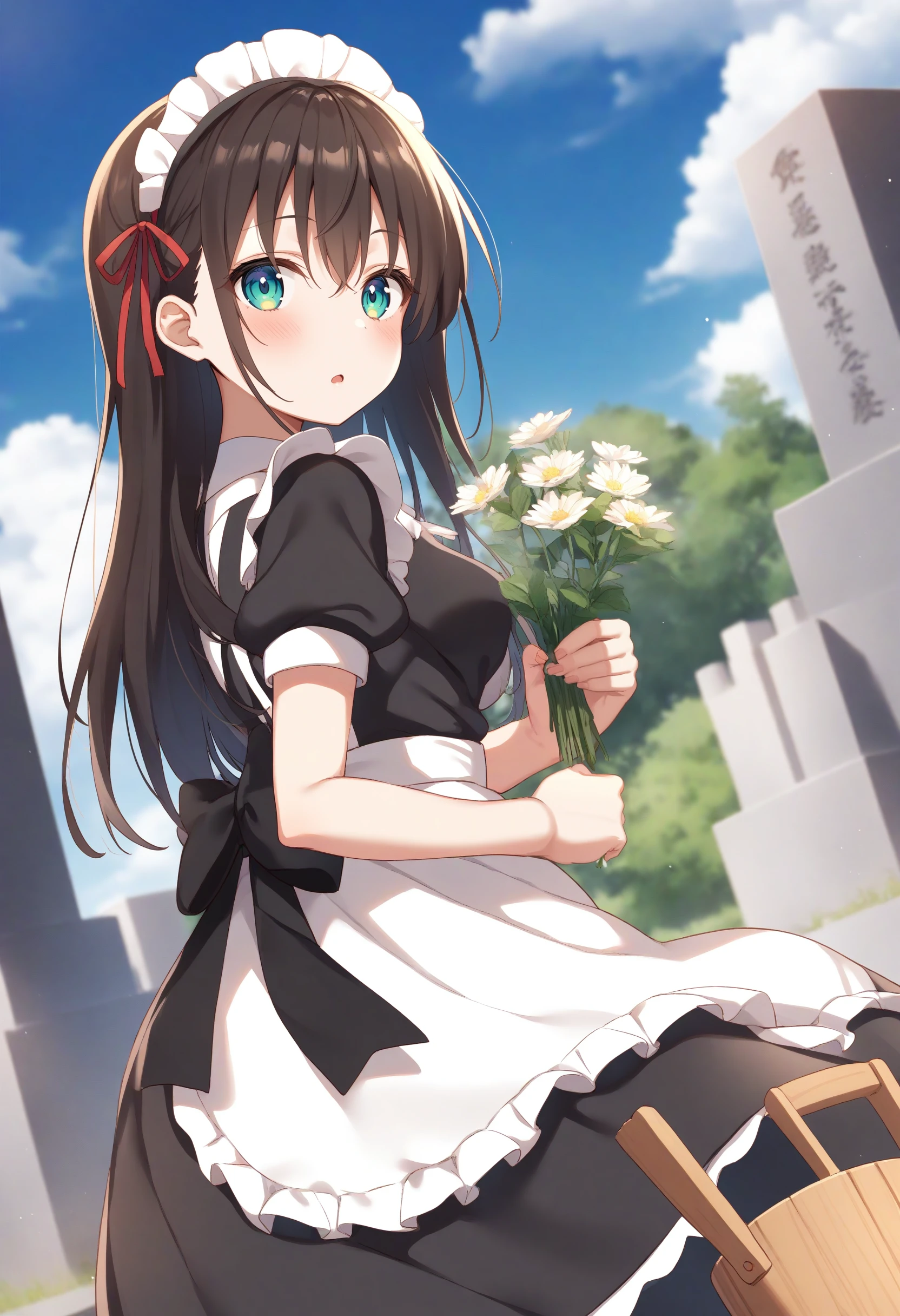 1girl,sincos, ningen mame, toosaka asagi,solo,medium breasts,20yo,maid,maid headdress,
grave, expressionless, graveyard, sotoba, short sleeves, bucket, day, holding flower,   <lora:tombstone_XL_v1:0.8>
from behind, fisheye lens, looking away, brown hair, green eyes,open mouth, front ponytail hair,
best quality, very aesthetic, absurdres