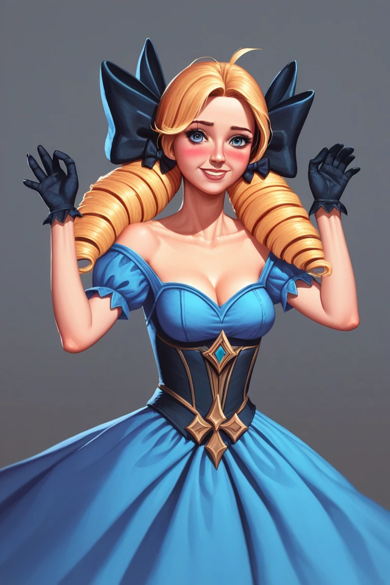 score_9, score_8, score_7, score_6, emanuele_taglietti_style,
1girl, black bow, blush, bow, breasts, collarbone, dress, drill hair, gloves, gwen (league of legends), hair bow, hands up, league of legends, long hair, looking at viewer, phantom ix row, smile, solo, twin drills, twintails<lora:EMS-441358-EMS:0.900000>