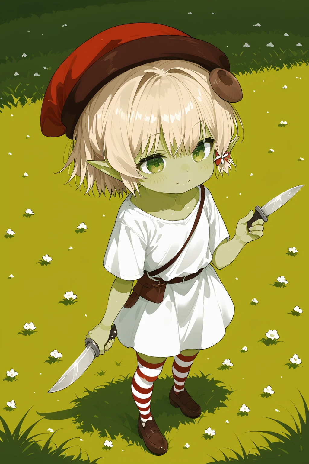 wasabi,yellow hair,green eyes,green skin,colored skin,pointy ears,goblin girls,red hat,white shirt,white dress,holding knife,1girl,solo,short hair,full body,striped thighhighs,brown shoes,standing,grass,smile,<lora:wasabi-XL:0.7>,