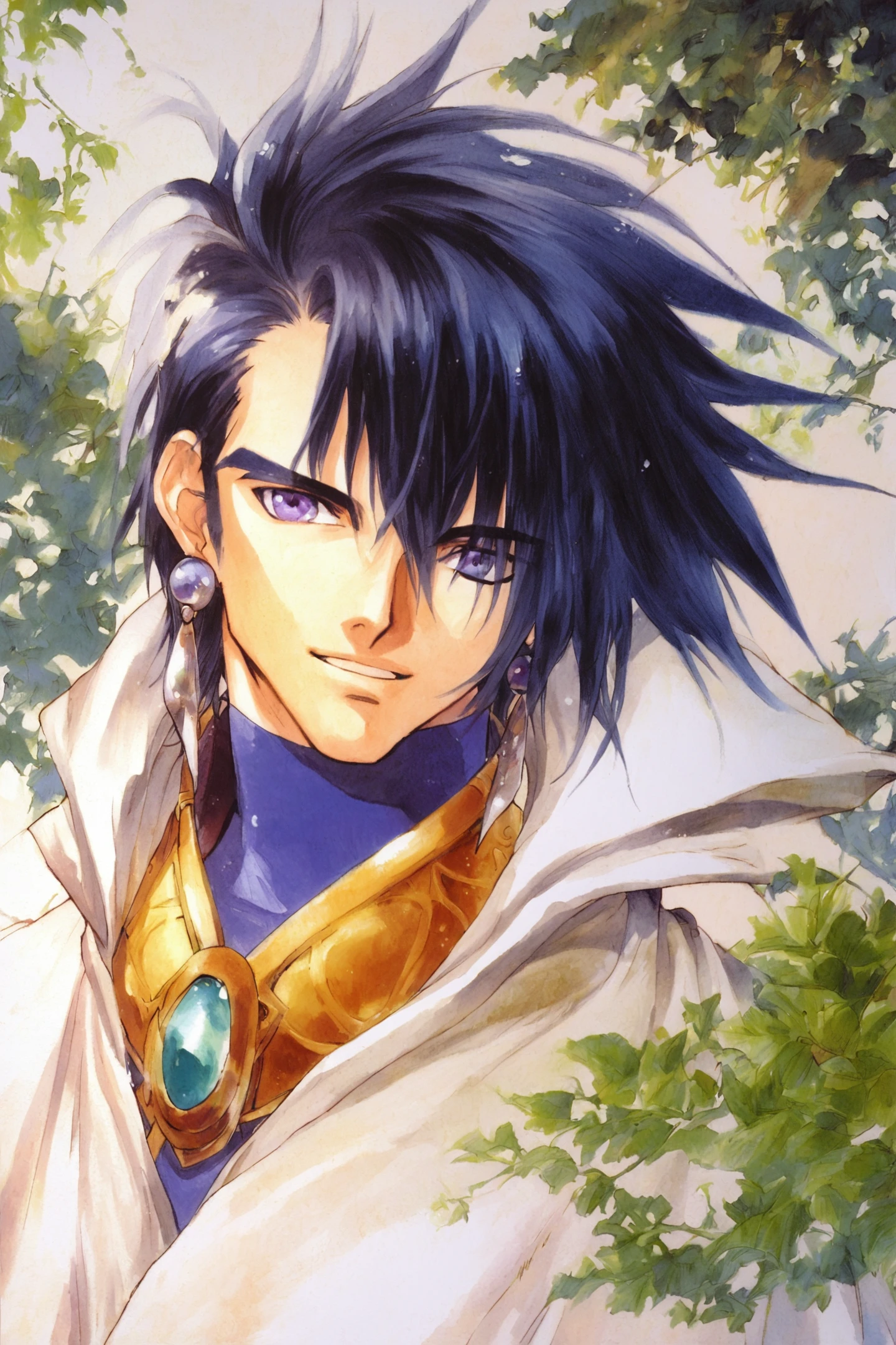 score_9,score_8_up,score_7_up,
Lion Magnus(Tales of Destiny),solo,1boy,male focus,black hair,jewelry,earrings,purple eyes,cape,white background,traditional media,simple background,1990s (style),watercolor (medium),one eye covered,
<lora:Inomata Mutsumi_XL_PONY:0.8>,