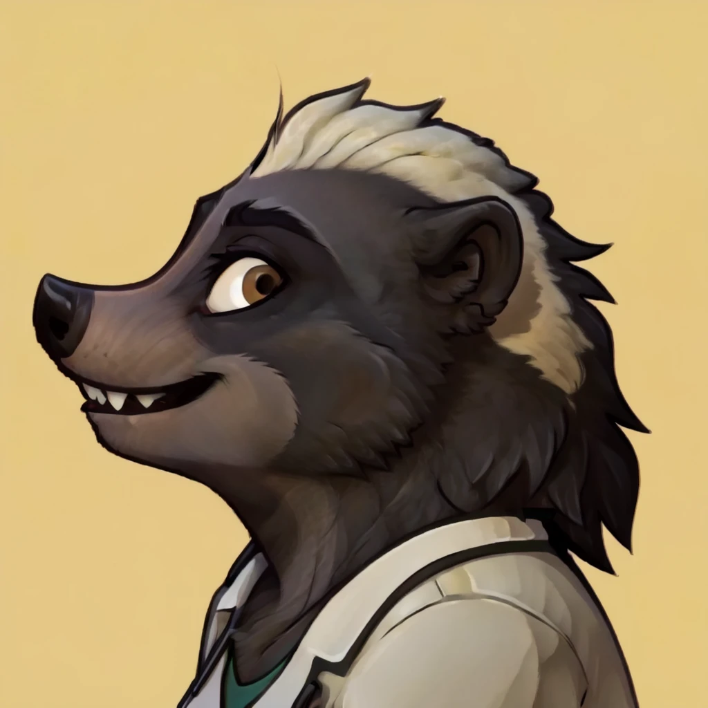 Dr. Madge, honey badger, anthro, female, <lora:Dr_Madge:0.8> ,<lora:easy_sticker:1>, sticker,  simple background, looking at viewer, face shot, head, smile, yellow background, side view, brown eyes, teeth:1.2, showing teeth, detailed face, <lora:btets_v1.0_:0.5>