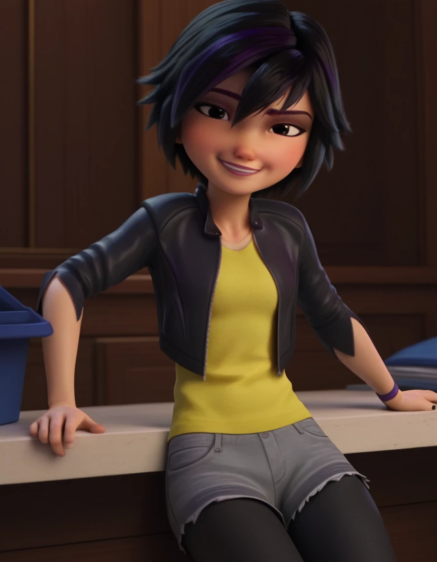 score_9, score_8_up, score_7_up, source_anime, <lora:go-go-tomago-movie-ponyxl-lora-nochekaiser:1>, go go tomago, short hair, black hair, black eyes, tomboy, streaked hair, purple hair, 3d,, shirt, jacket, pantyhose, open clothes, shorts, open jacket, black jacket, black pantyhose, denim, yellow shirt, grey shorts,, indoors, smile, looking at viewer, solo, sitting, head rest,, cowboy shot, dutch angle