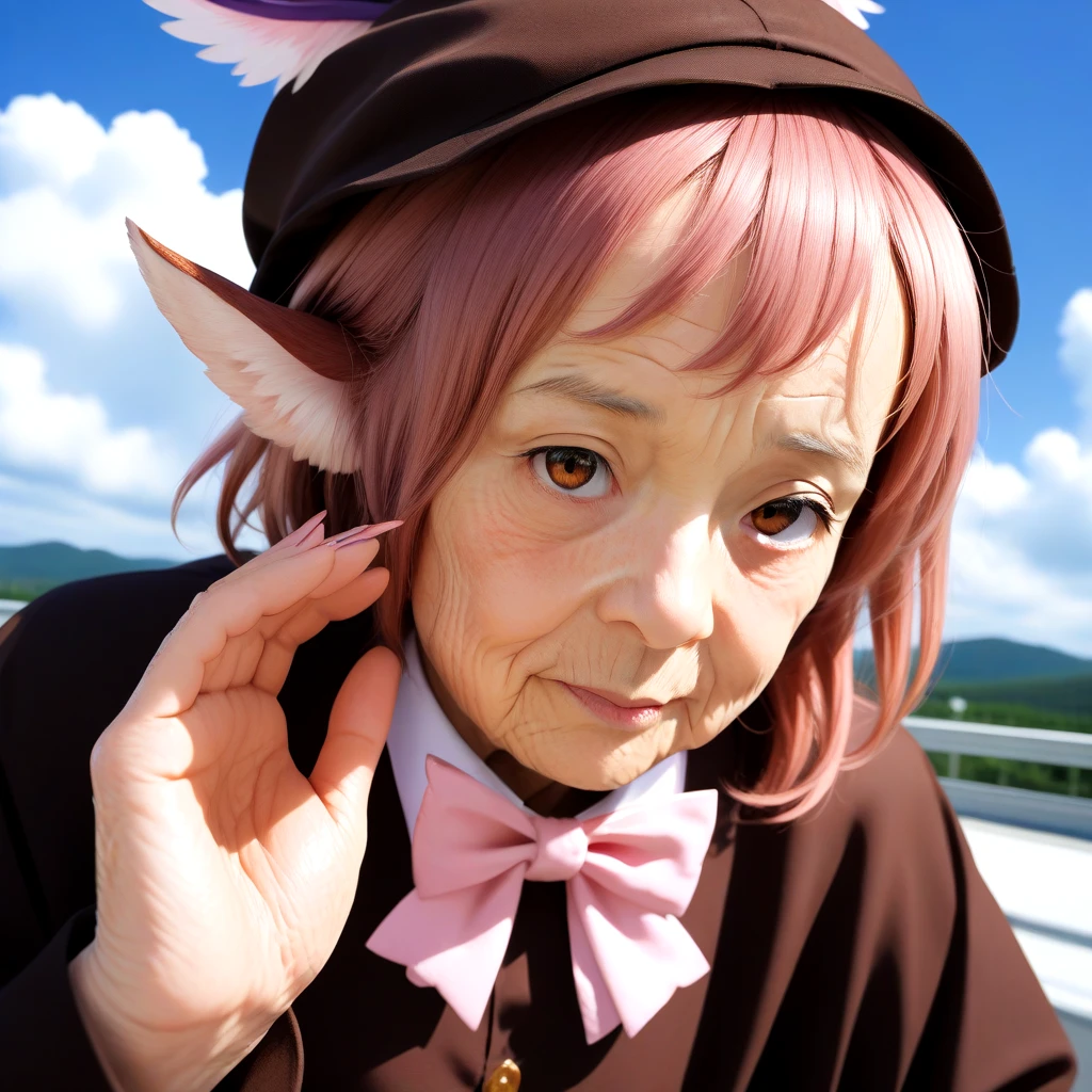 <lora:Mystia_Lorelei_for_flat_painting_SDXL:0.7>, cosplay_photo, old bared man, wrinkled skin, photorealistic, 3D, day, sky, cloud, solo, mystia lorelei, wings, brown long sleeves, bird ears, single earring, long fingernails, brown winged hat, bowtie