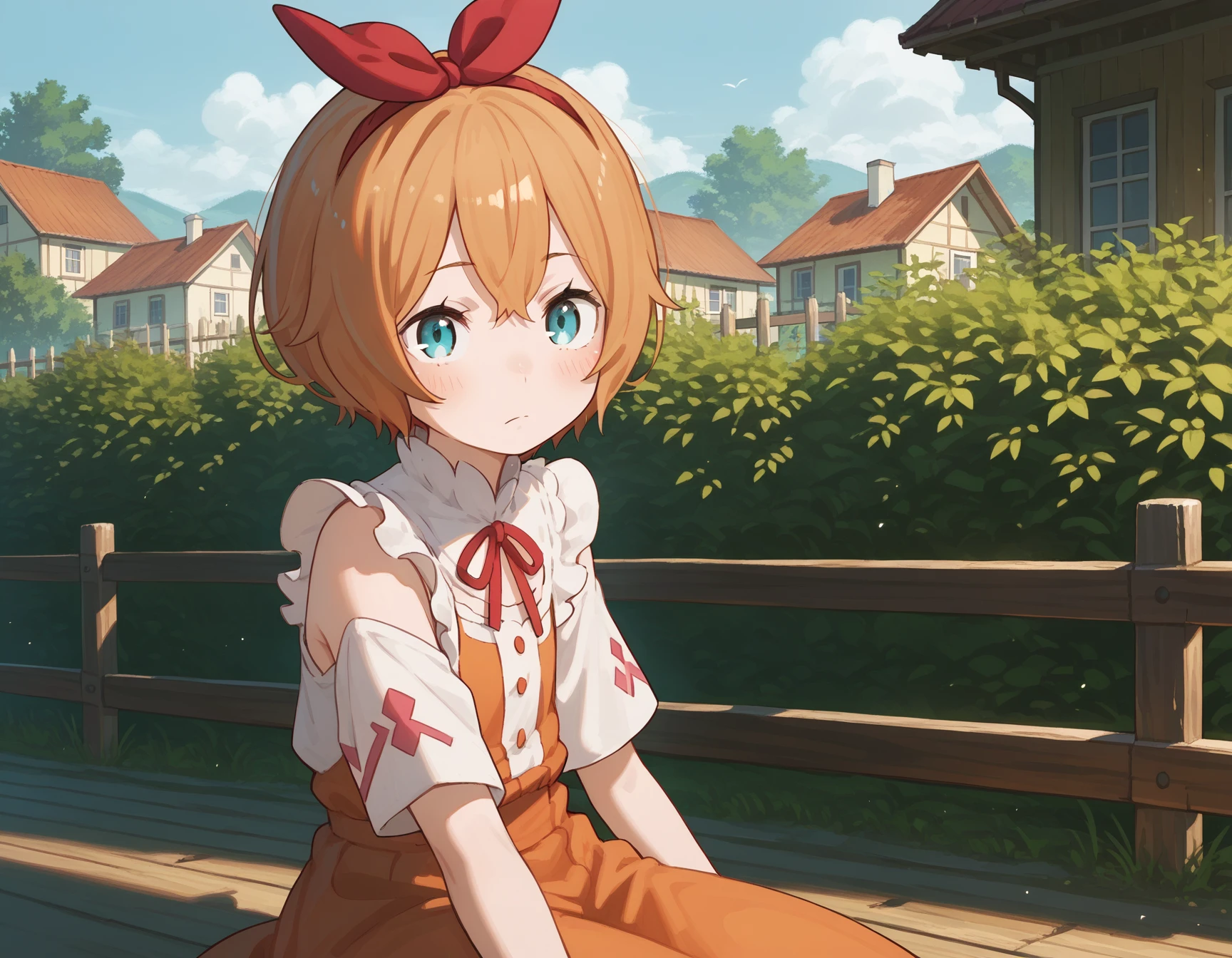 <lora:Petra_v2:1>, blue eyes, petra leyte, red brown hair, short hair, face, village clothes, sitting on a wooden fence, score_9, score_8_up, score_7_up, score_6_up, score_5_up, score_4_up, source_anime