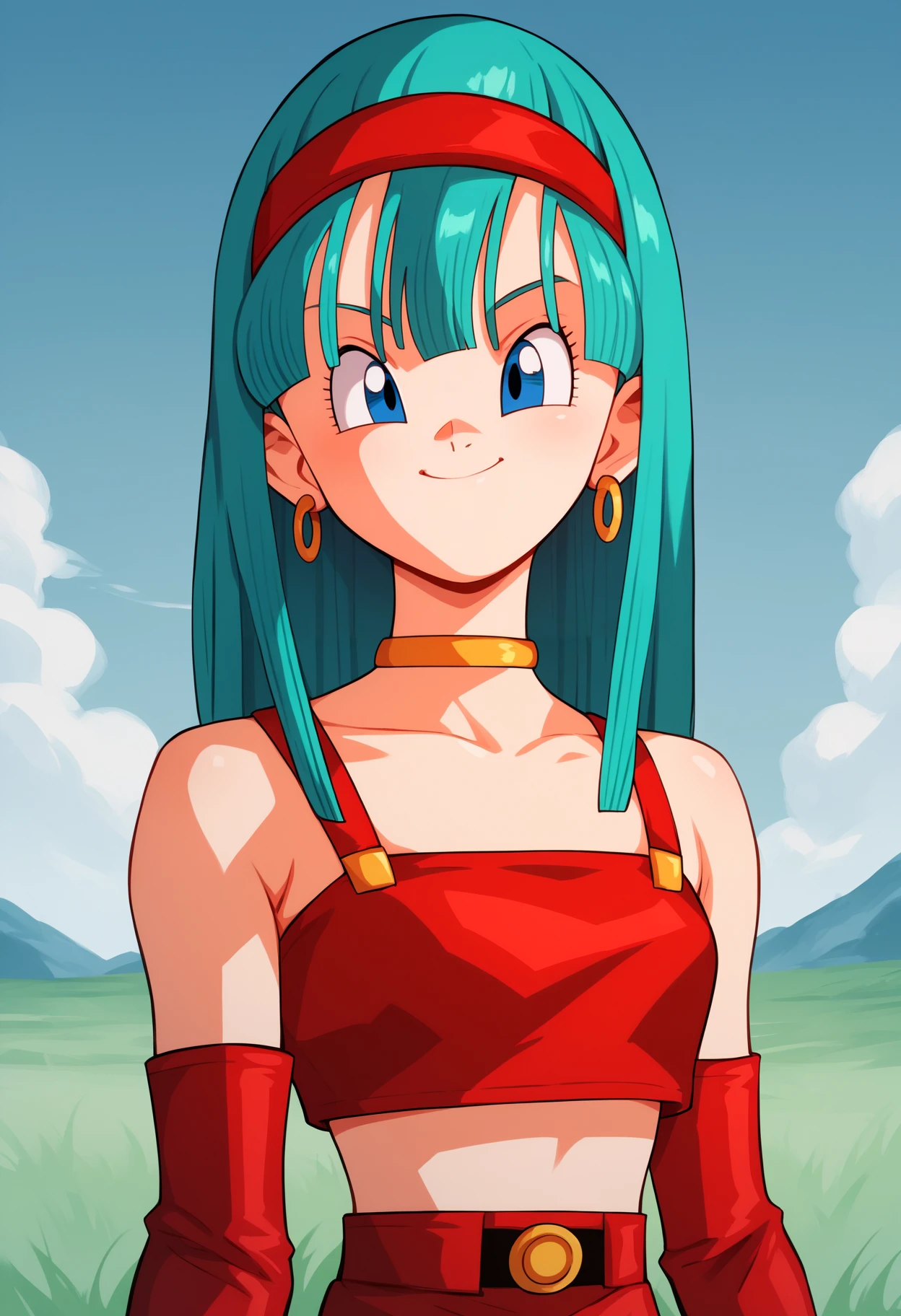 score_9, score_8_up, score_7_up, score_6_up, score_5_up, score_4_up, BREAK,
1girl, bulla, aqua hair, long hair, blue eyes, hairband,
choker, crop top, earrings, red bridal gauntlets, red elbow gloves, midriff, red skirt,
upper body, smile, solo, looking at viewer, grass, blue sky, meadow background      <lora:BullaXL:1>