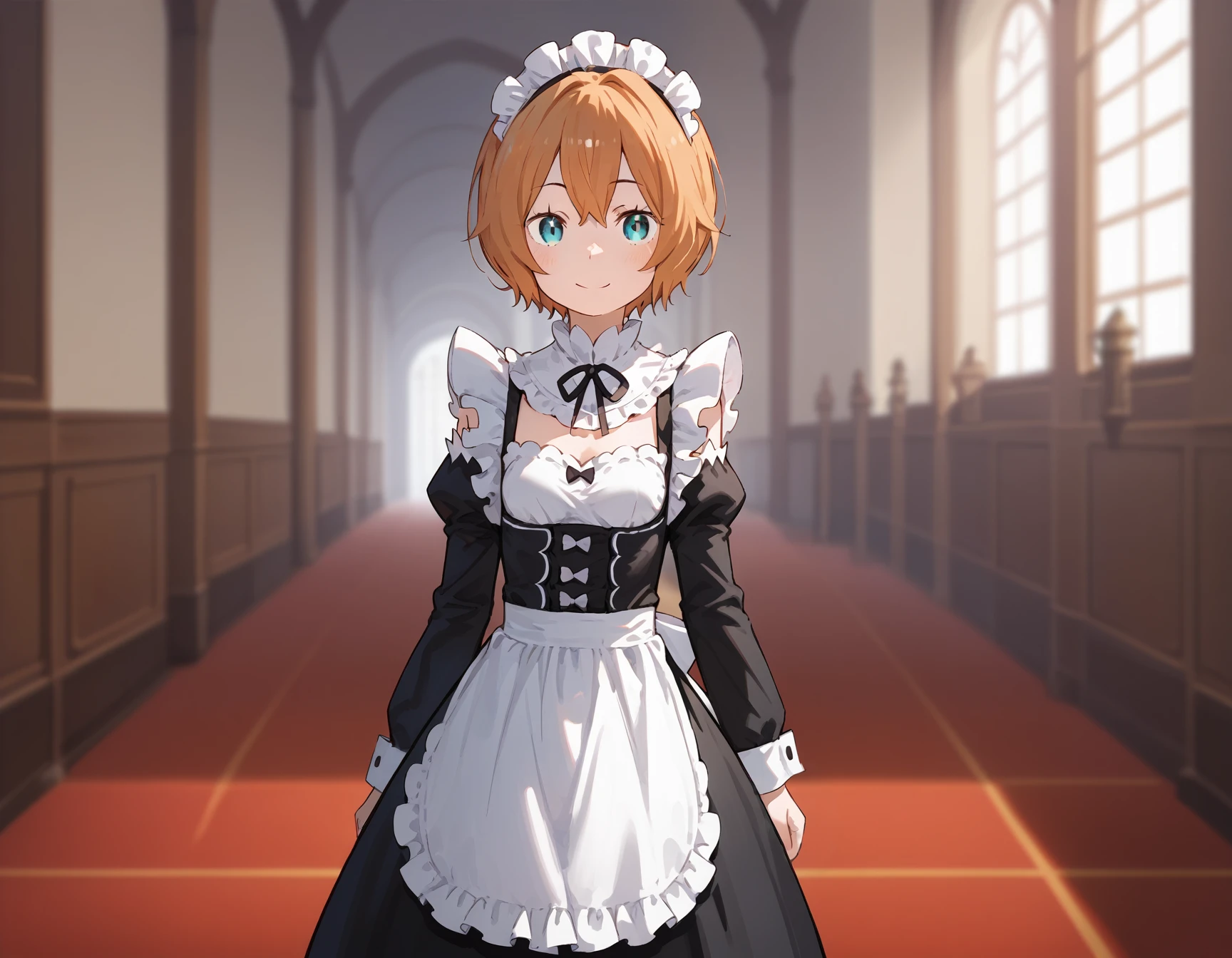 <lora:Petra_v2:1>, blue eyes, petra leyte, red brown hair, short hair, standing, maid outfit, smile, mansion corridor, blurry background, solo, 1girl