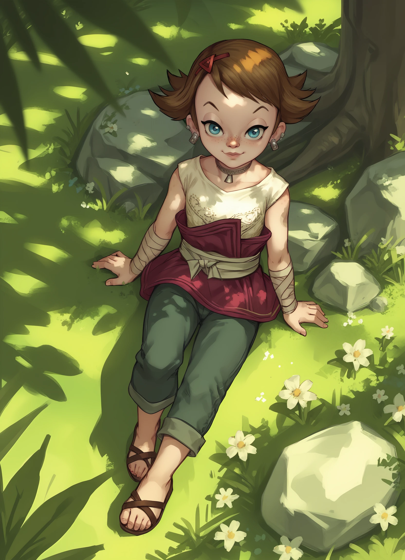 score_9, score_8_up, score_7_up, 1girl, beth, solo, tpb3th_clothing, full body, from above, close-up, pants, 
forest, grass, moss, rock, flower, 
light particles, sunlight, dappled sunlight, light rays,
masterpiece, best quality,
<lora:tp_beth_ponyxl_v1.7-000020-24r-sv_c_orig:1>