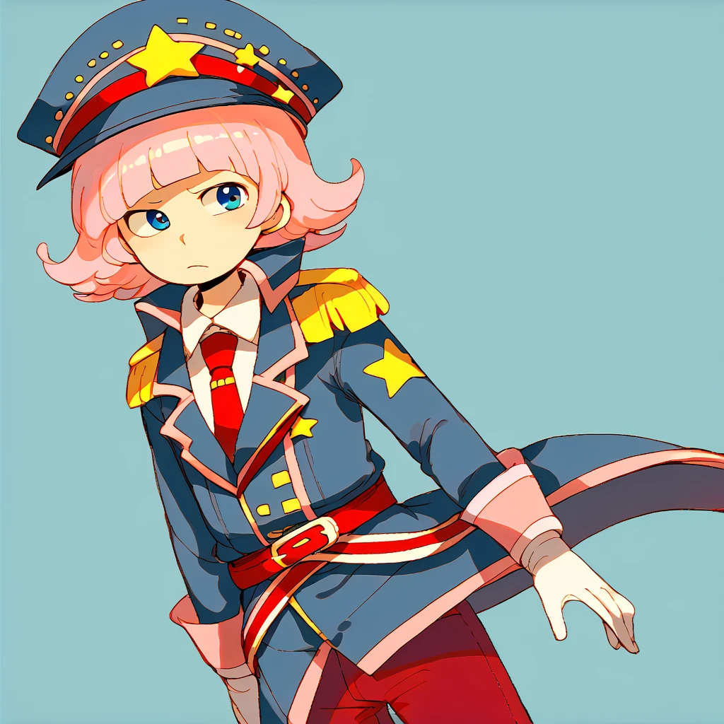 <lora:skirbygkb:1> kirbman, pink hair, flipped hair, short hair, blunt bangs, blue eyes, blue peaked cap, star \(symbol\), red belt on hat, epaulettes, white undershirt, red tie, red knee-high boots, red pants, grey vest, blue overcoat with pink trim, long sleevs, white gloves